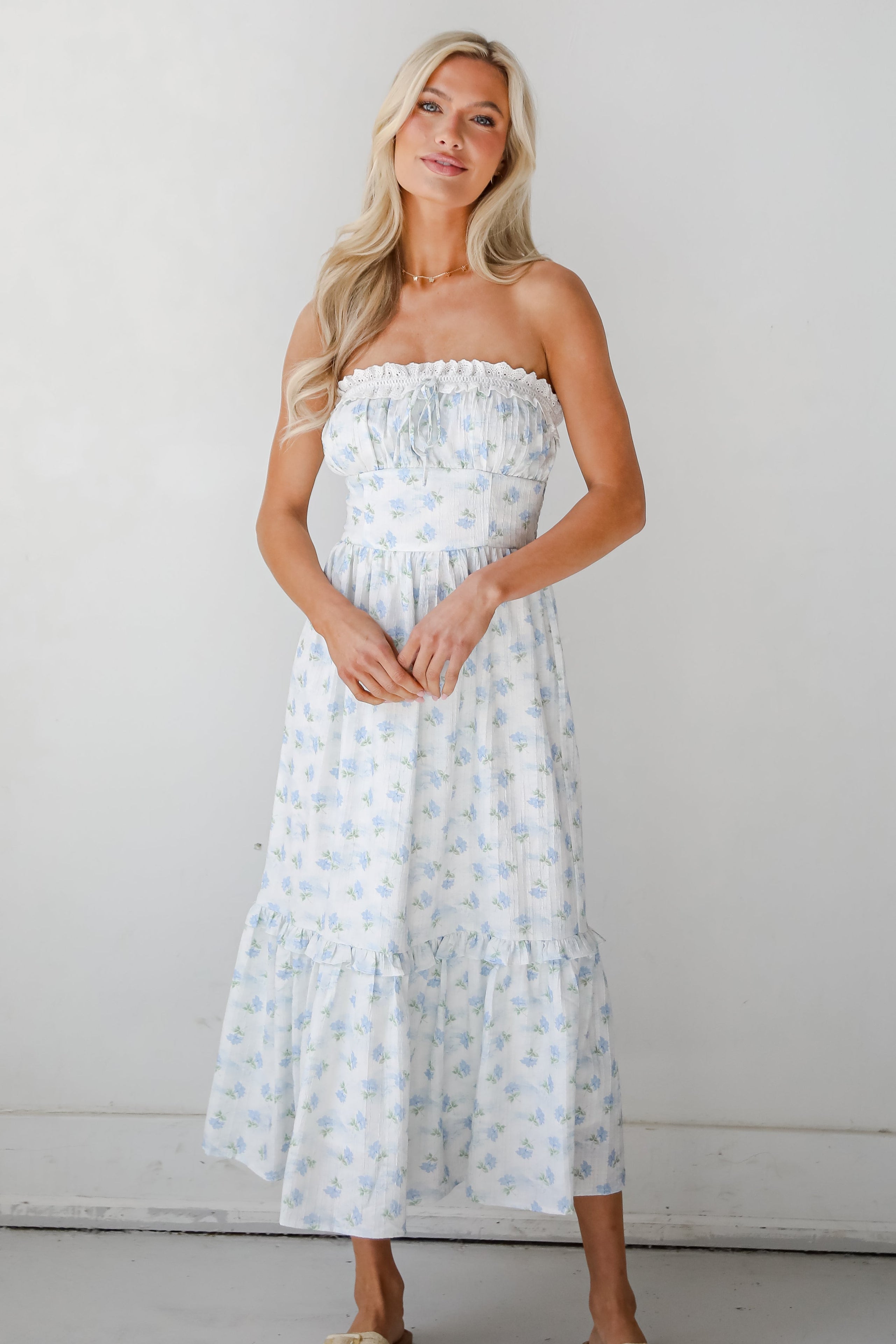 Vibrant Flirt Ivory Floral Strapless Midi Dress