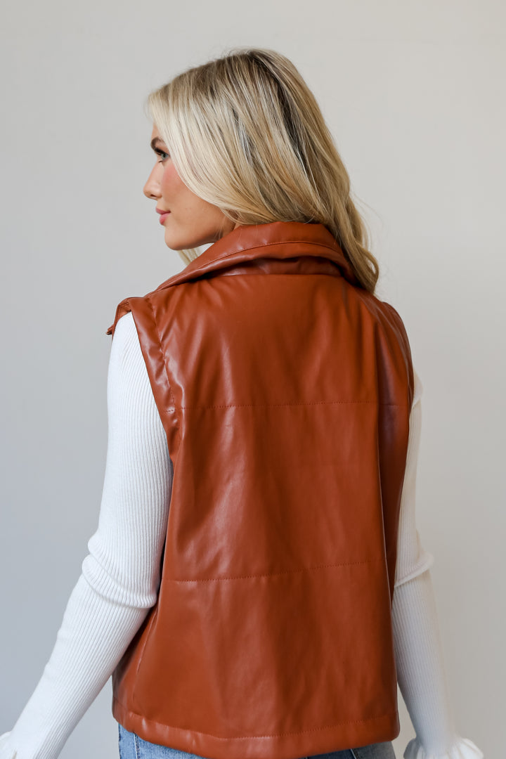 Camel Leather Puffer Vest back view