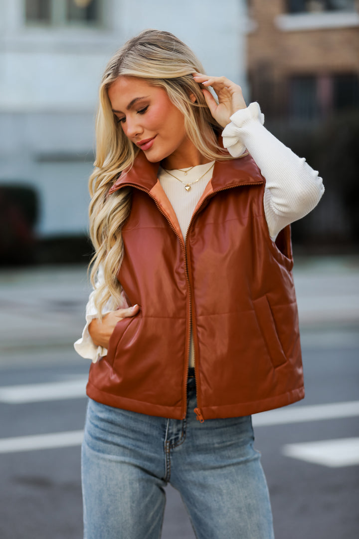 trendy Camel Leather Puffer Vest
