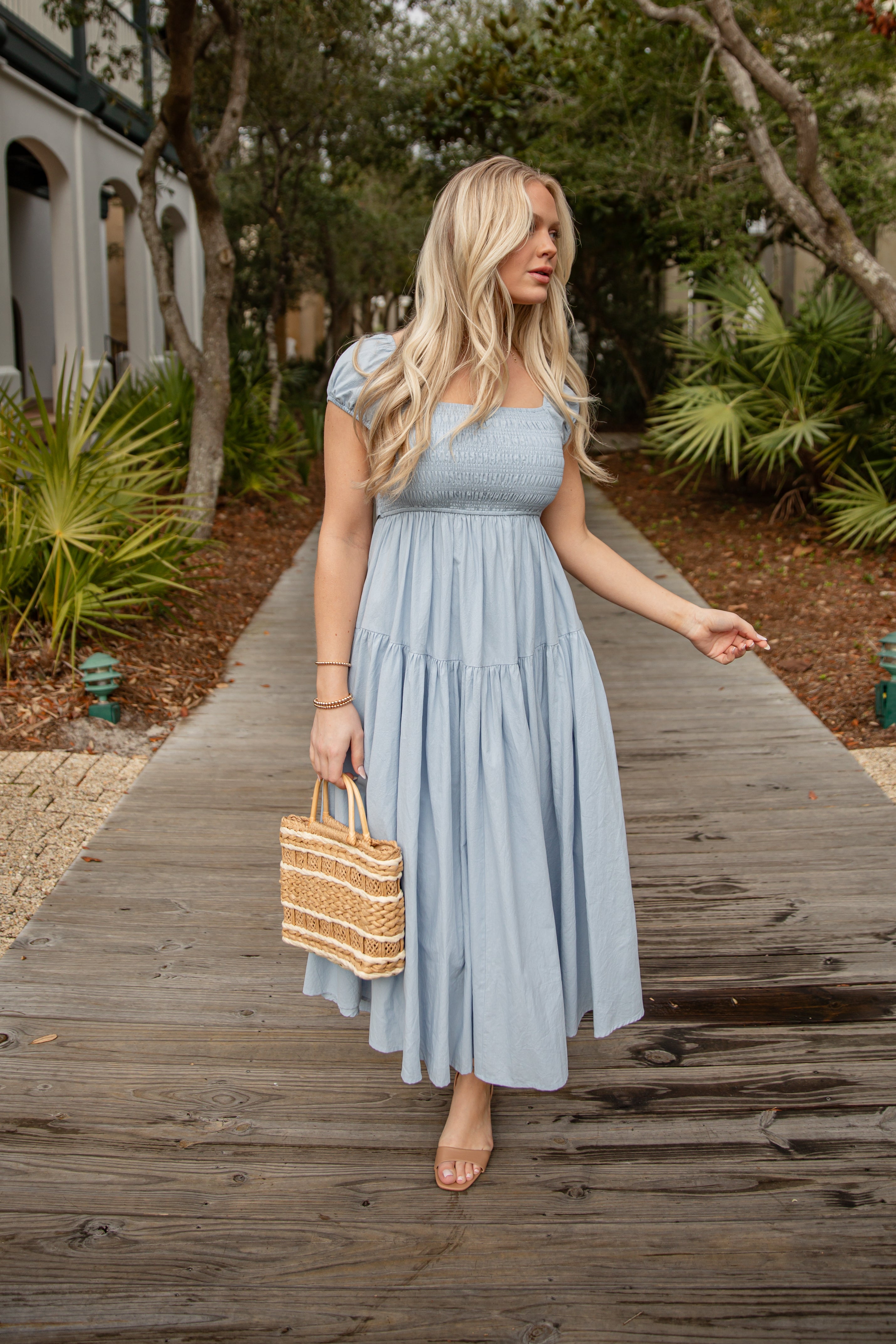 Coastal Muse Light Blue Smocked Midi Dress