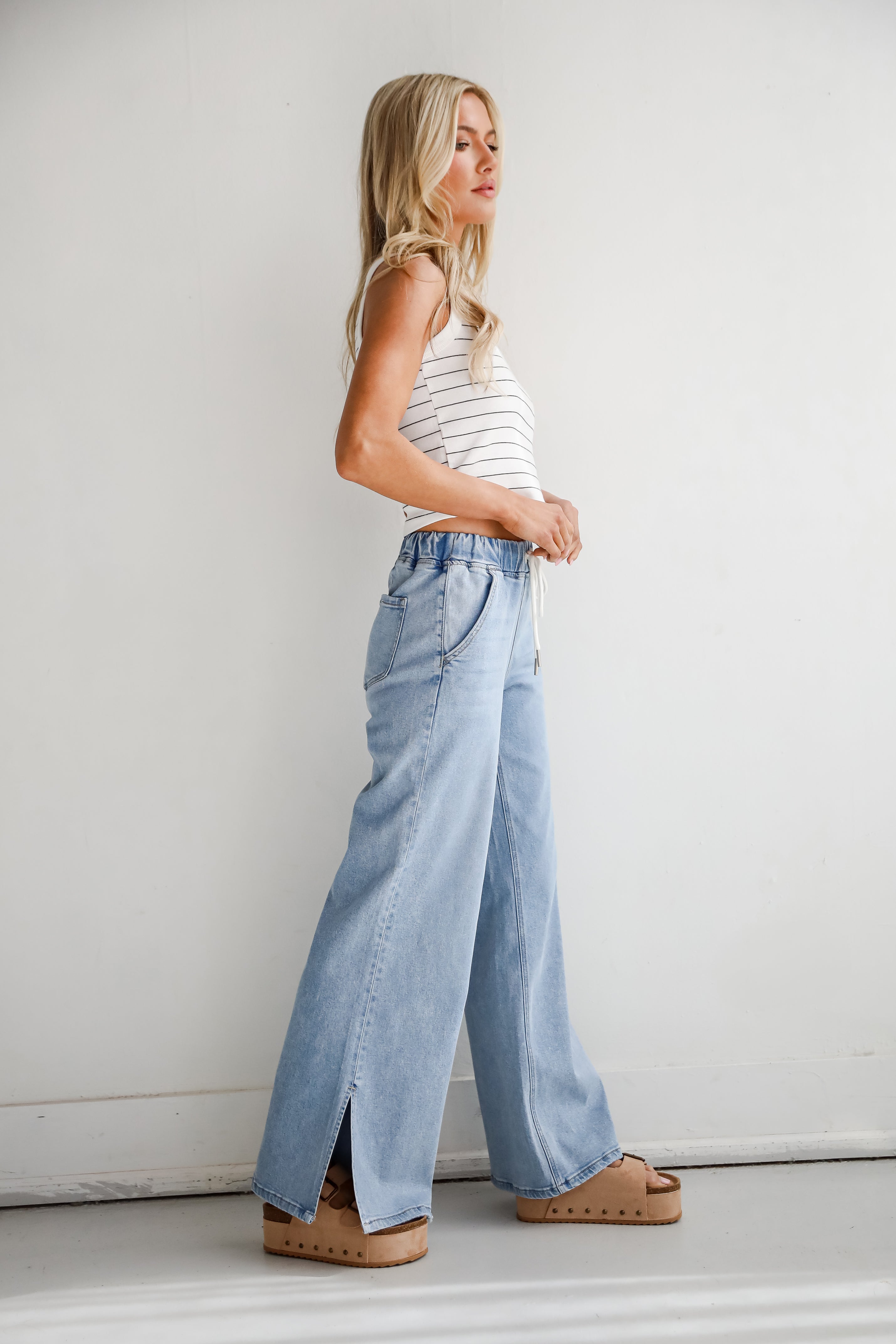 Carla Light Wash High-Rise Drawstring Waist Wide Leg Jeans