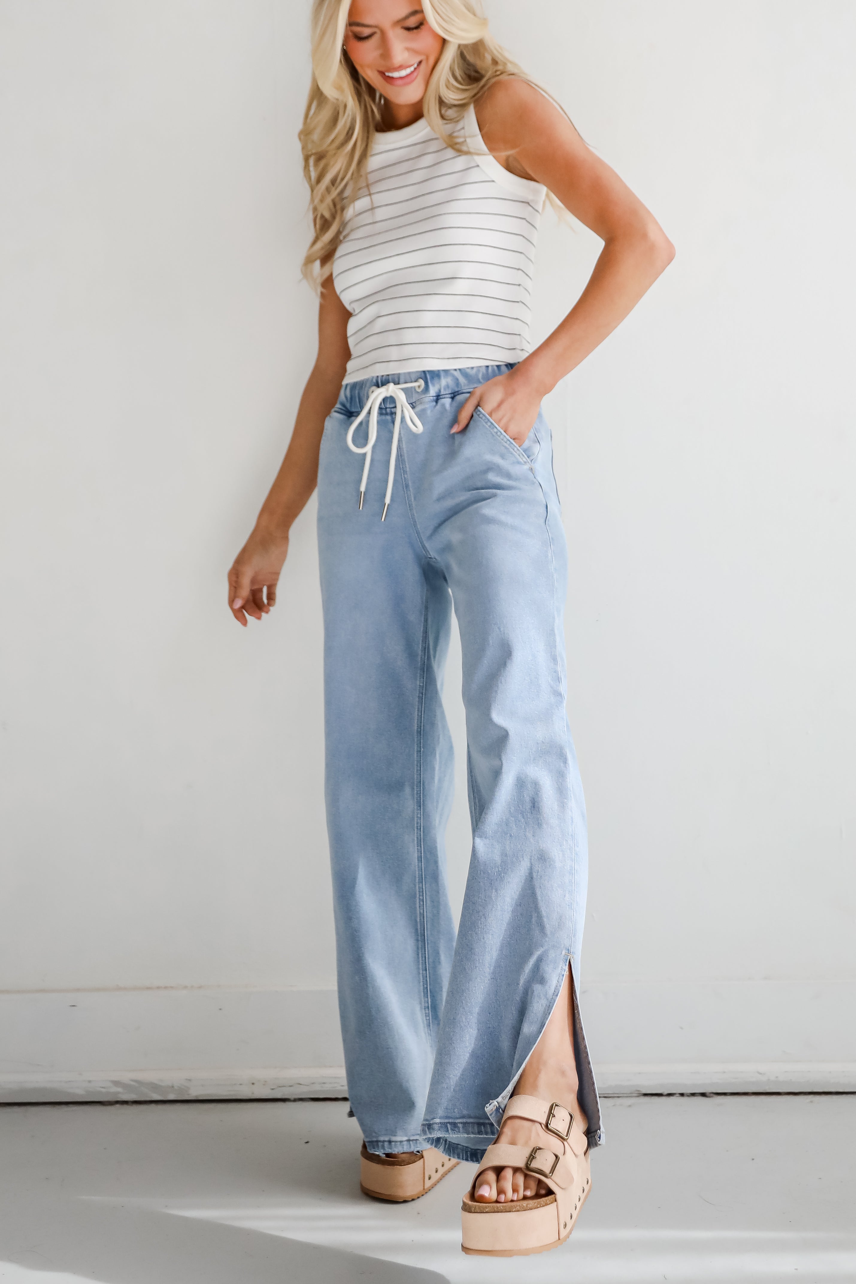 Carla Light Wash High-Rise Drawstring Waist Wide Leg Jeans
