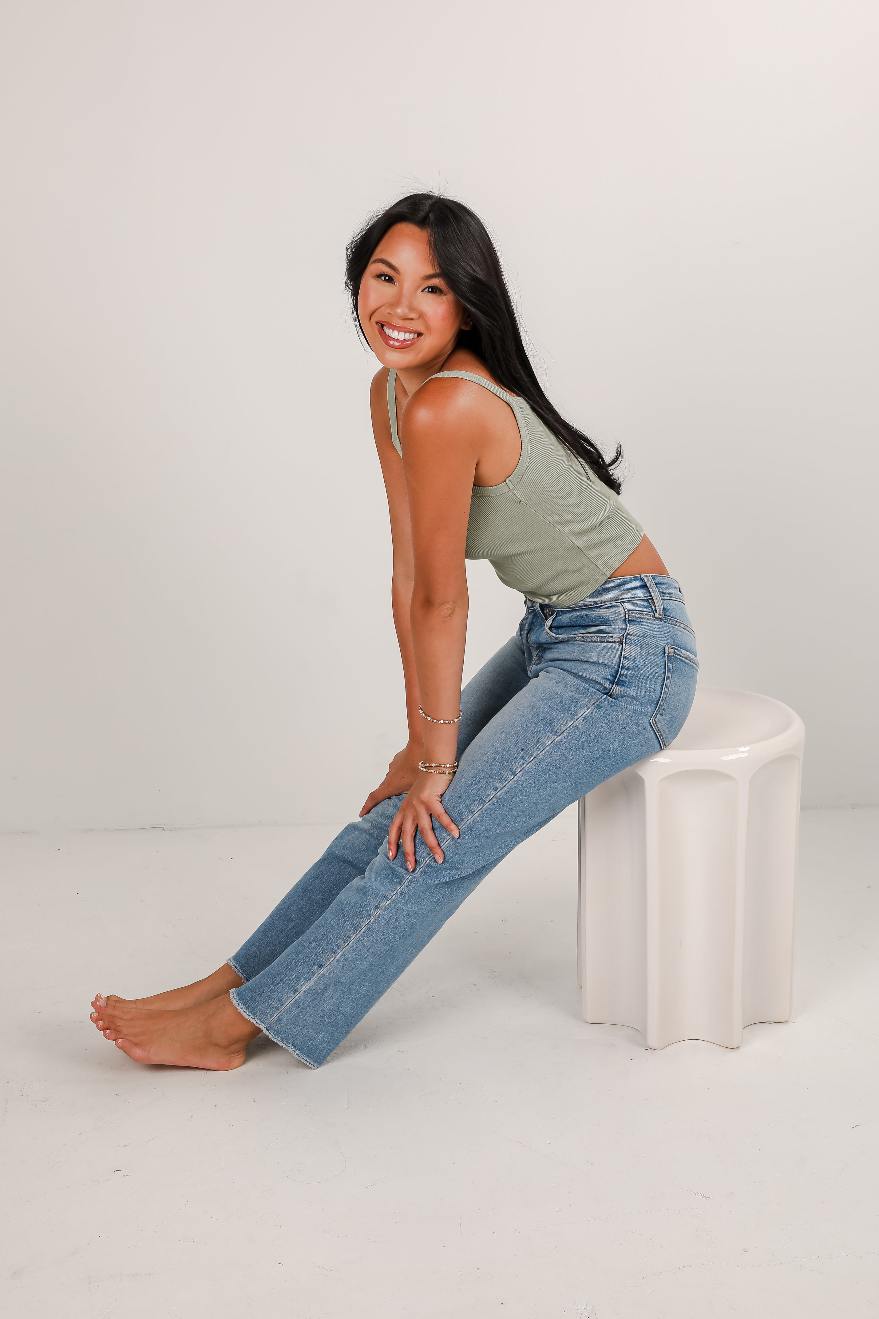 Aria Light Wash High-Rise Distressed Stretch Straight Jeans