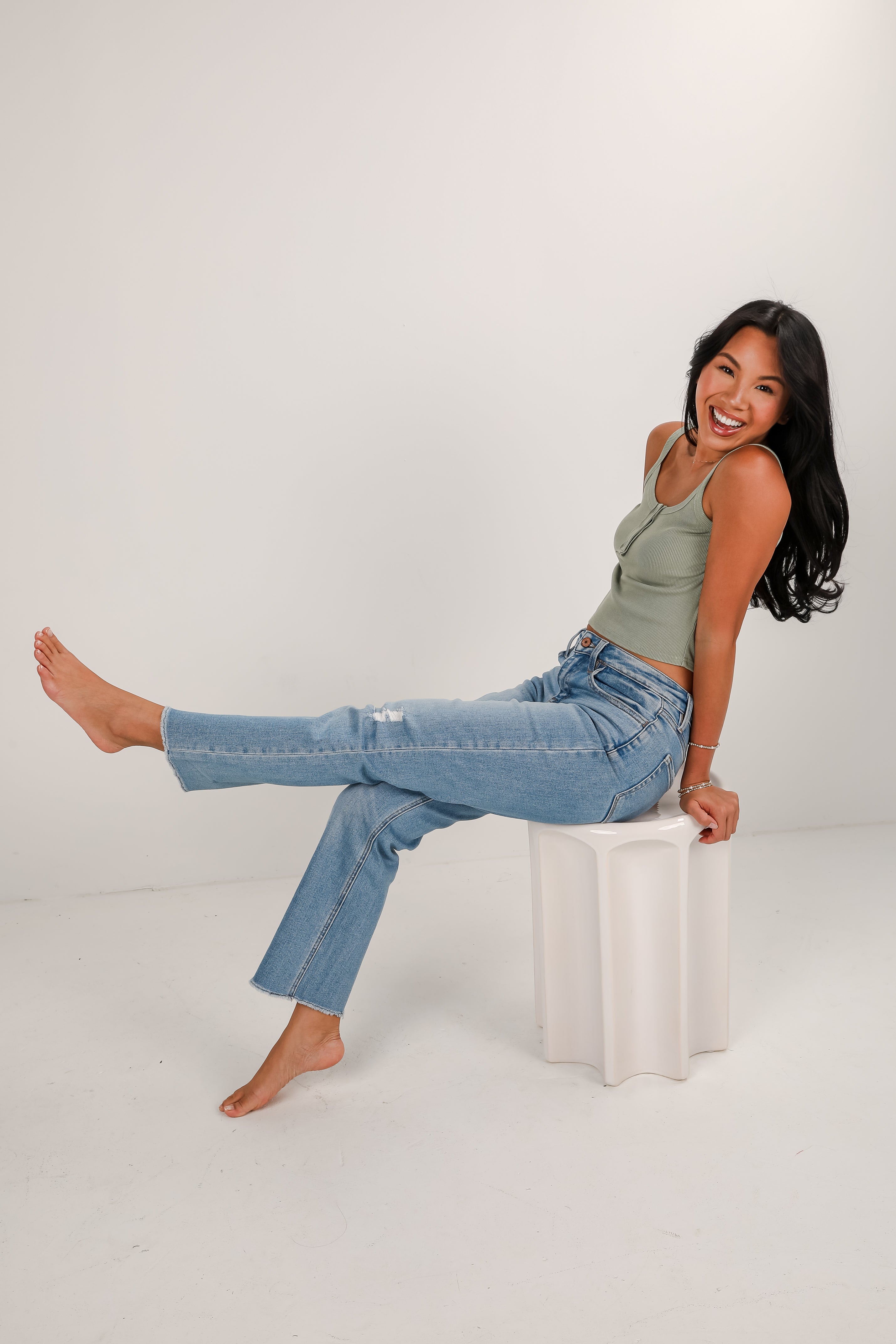 Aria Light Wash High-Rise Distressed Stretch Straight Jeans