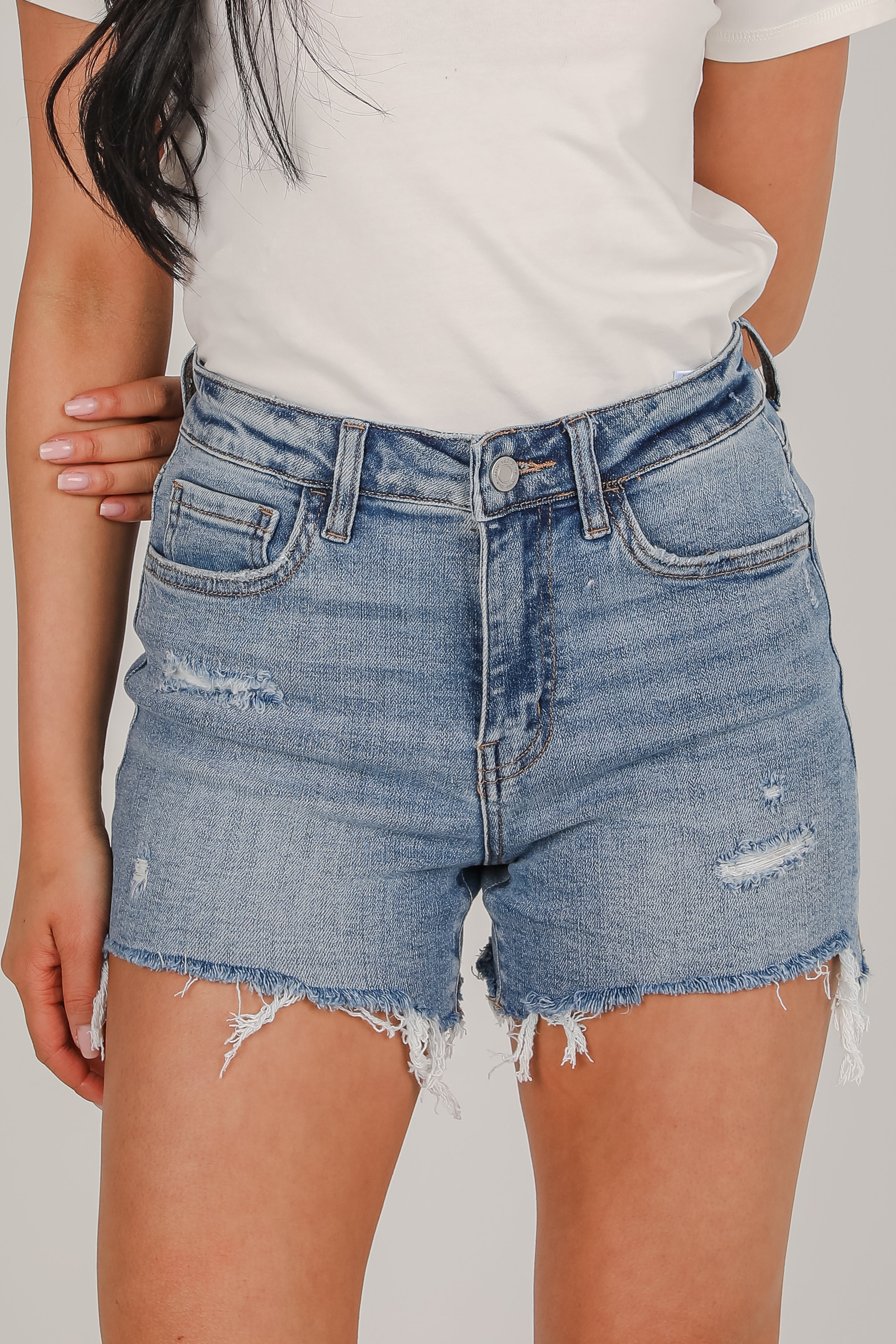 Leah Medium Wash Distressed Denim Shorts