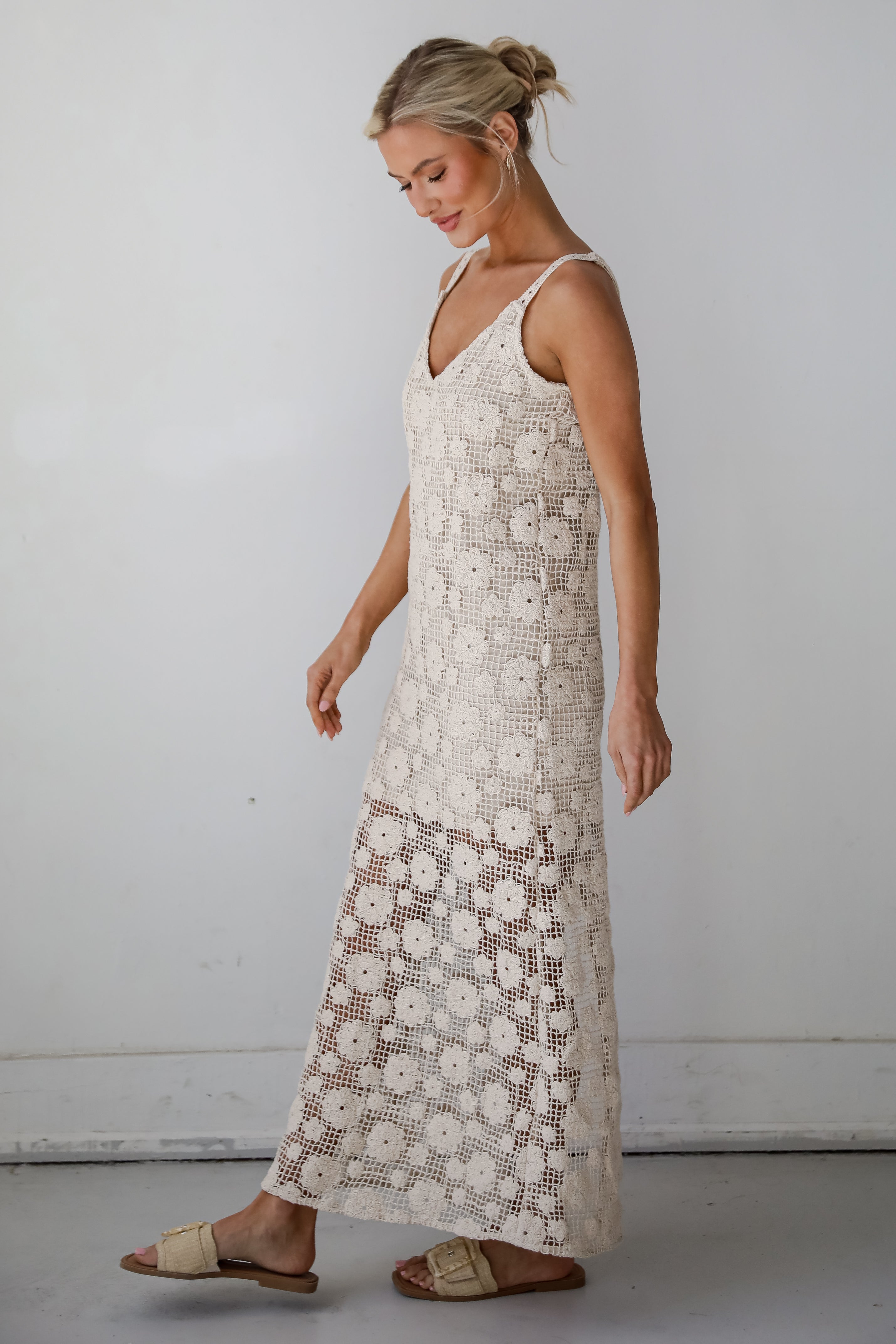 Breezy Demeanor Natural Floral Crochet Maxi Dress