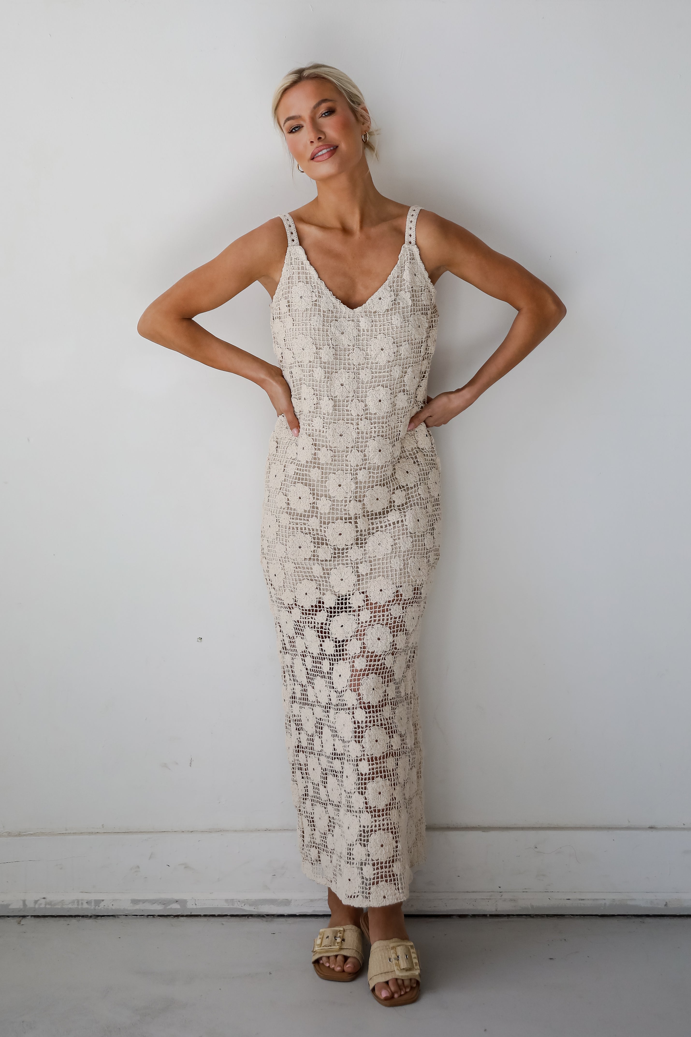 Breezy Demeanor Natural Floral Crochet Maxi Dress