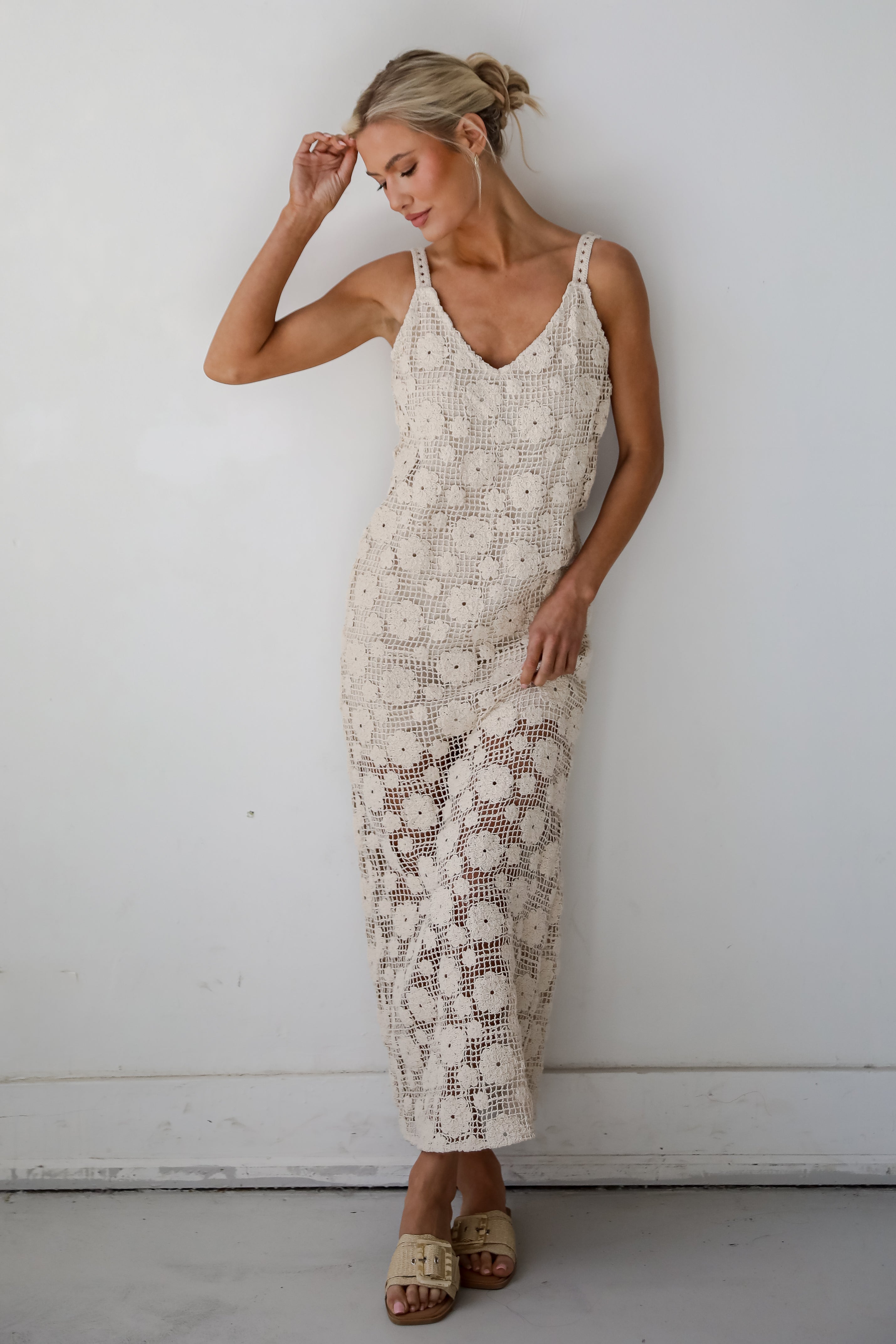 Breezy Demeanor Natural Floral Crochet Maxi Dress