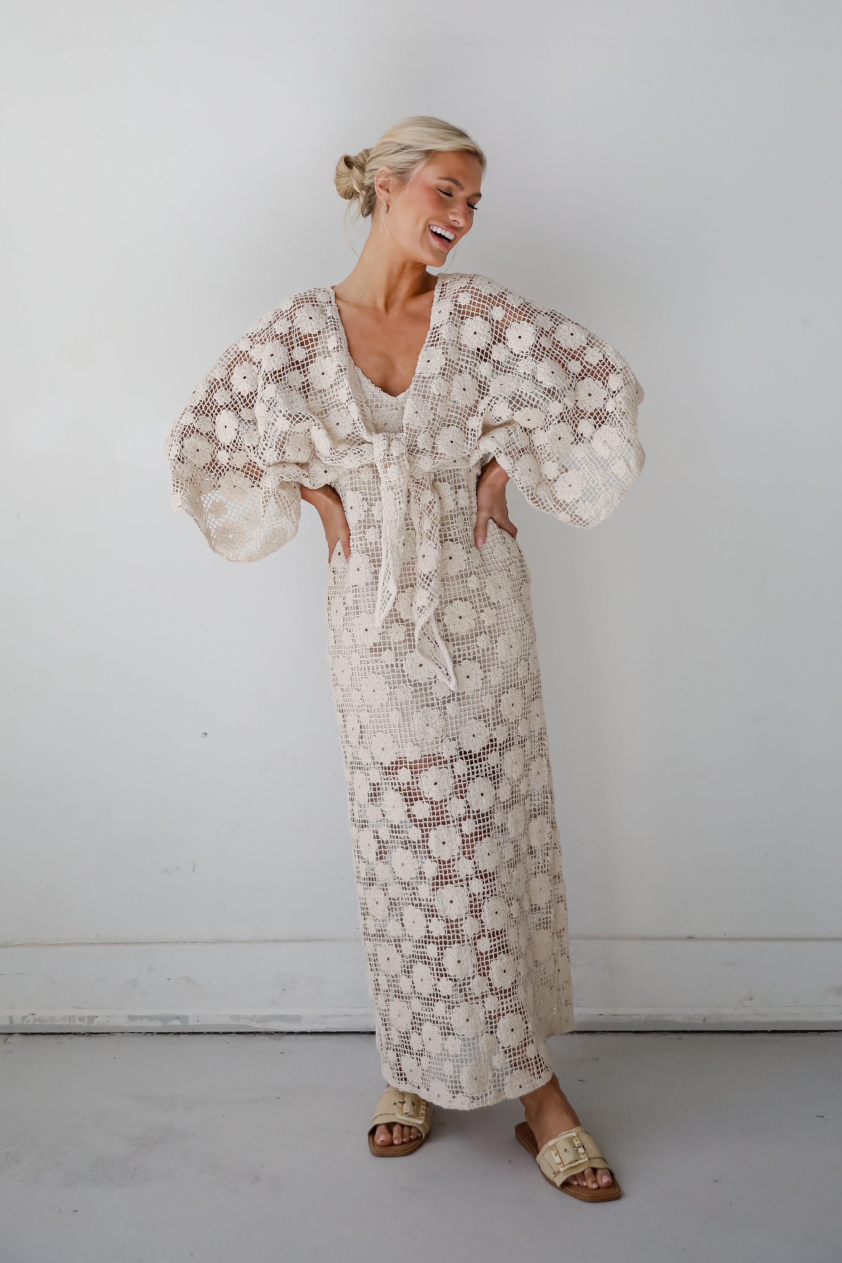 Breezy Demeanor Natural Floral Crochet Maxi Dress