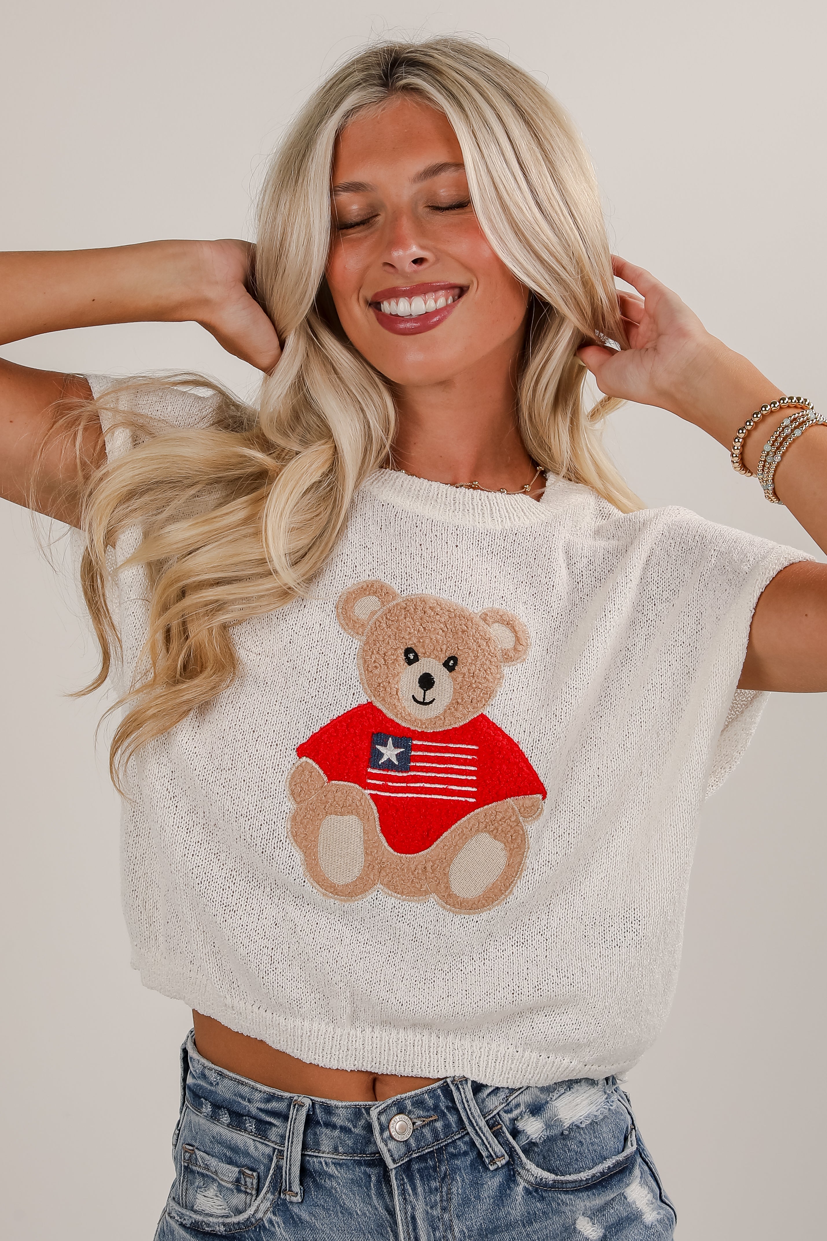 Made For Celebrating Off White Teddy Bear Knit Top