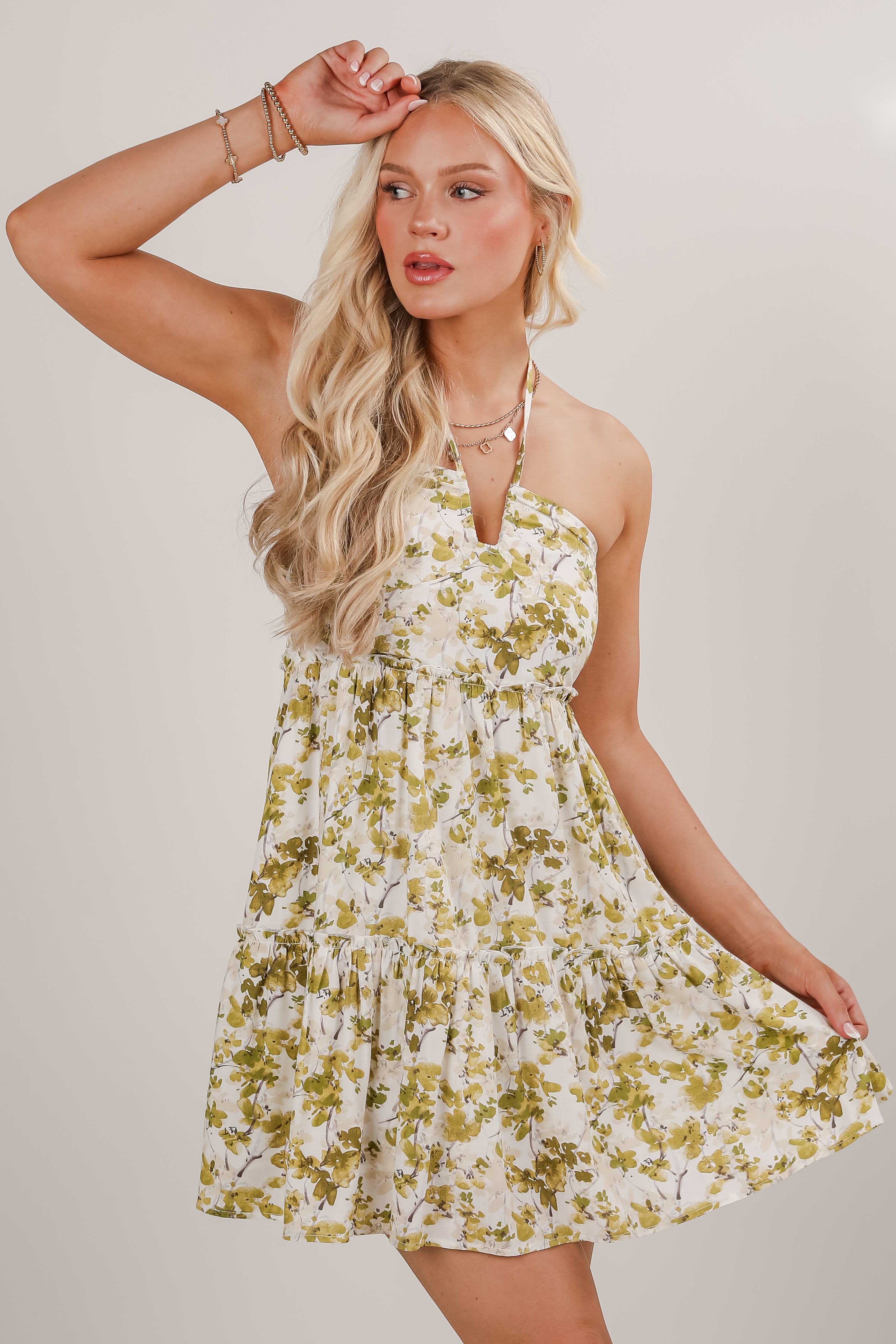 Falling In Love Light Olive Floral Halter Mini Dress
