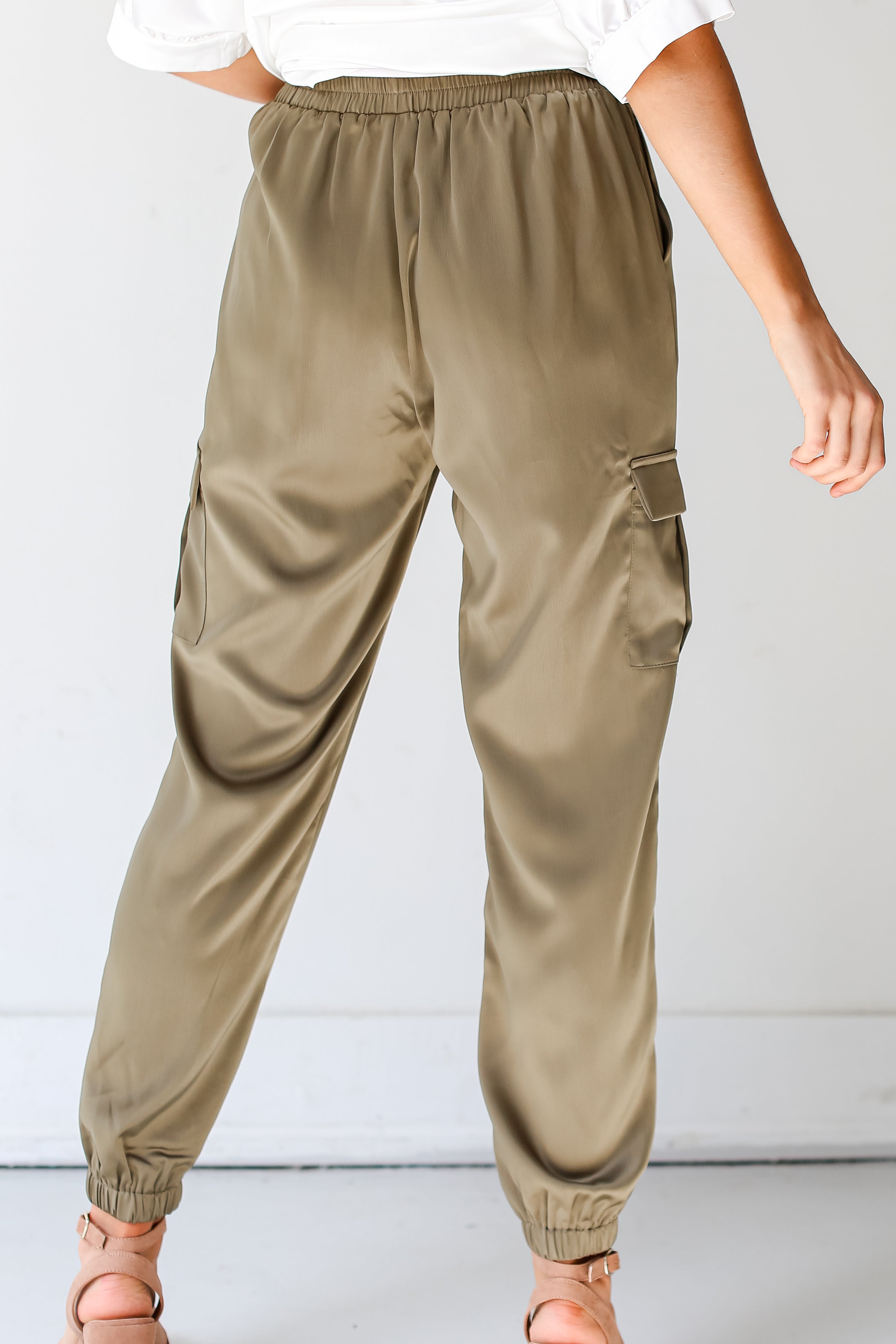 olive Satin Cargo Joggers back view