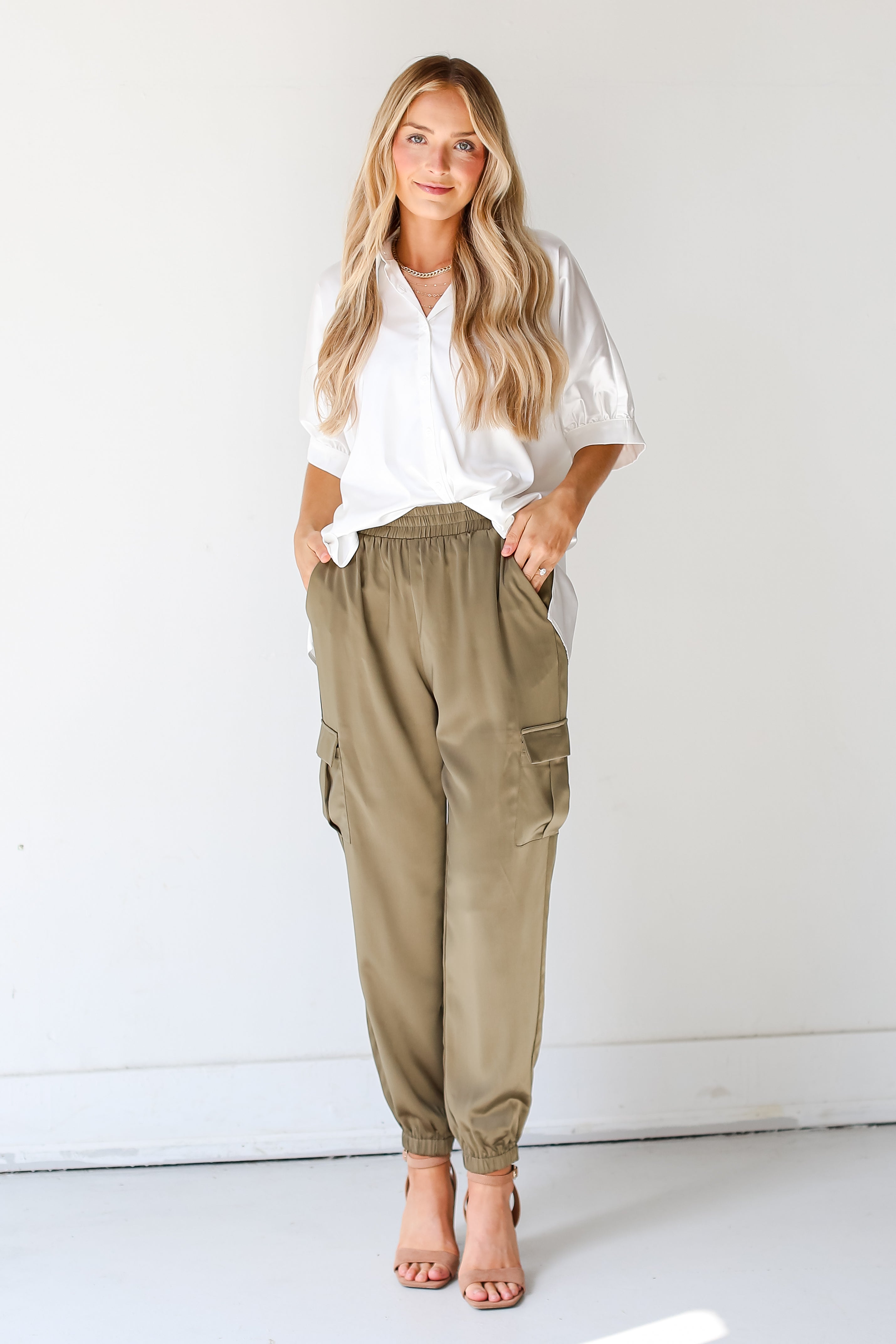 olive Satin Cargo Joggers front view