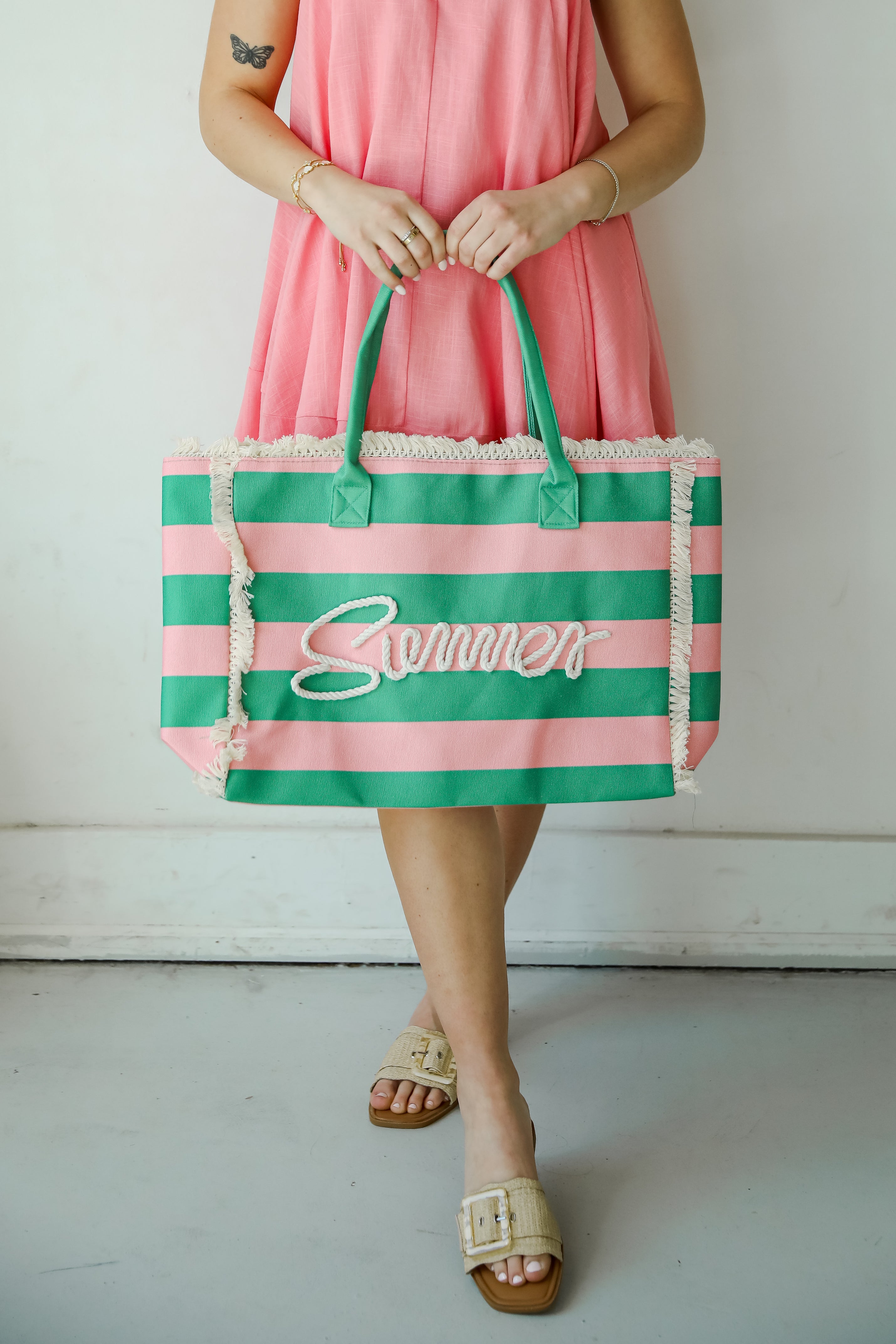 Pink Striped Summer Tote Bag
