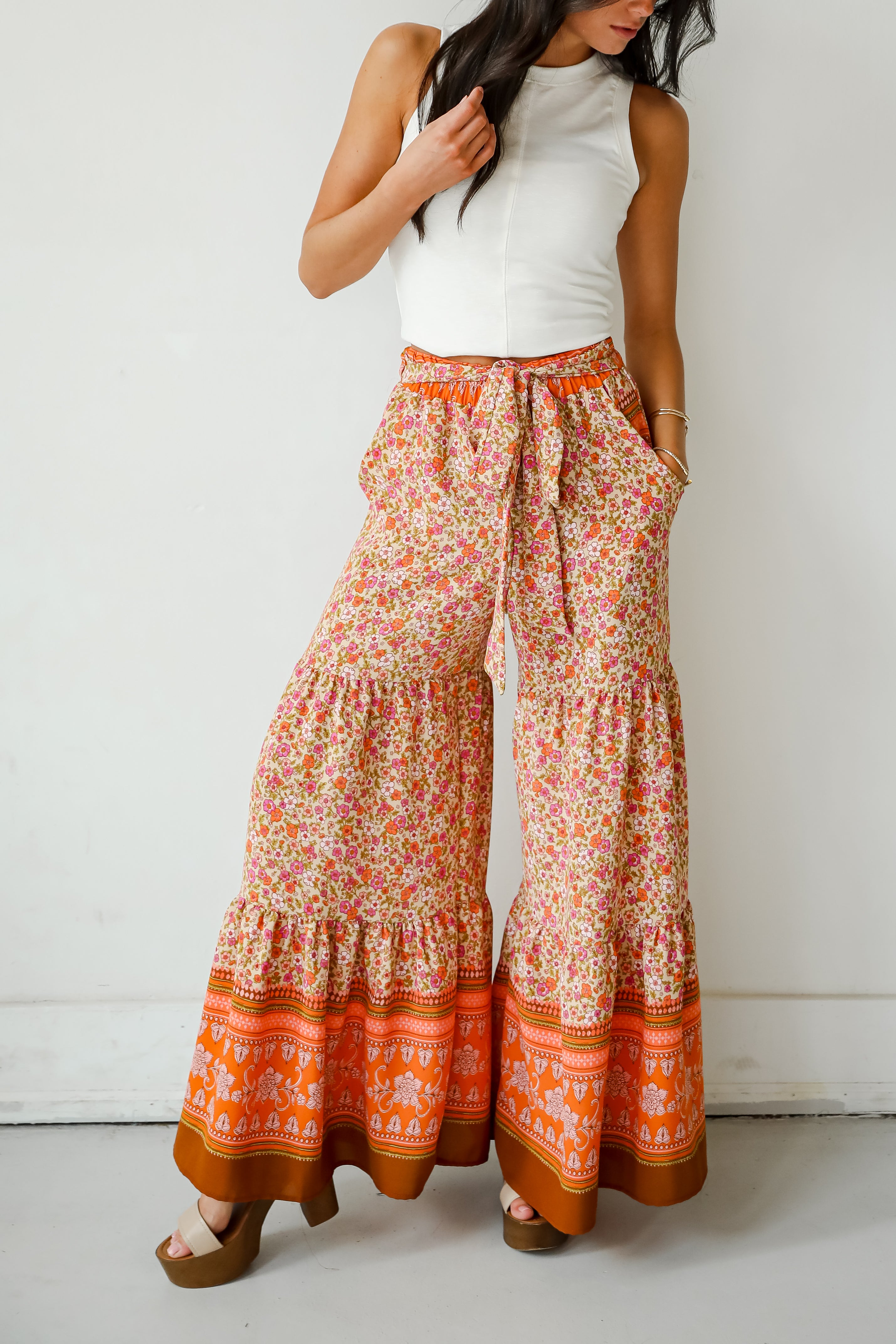 Trendsetting Choice Rust Floral Tiered Wide Leg Pants