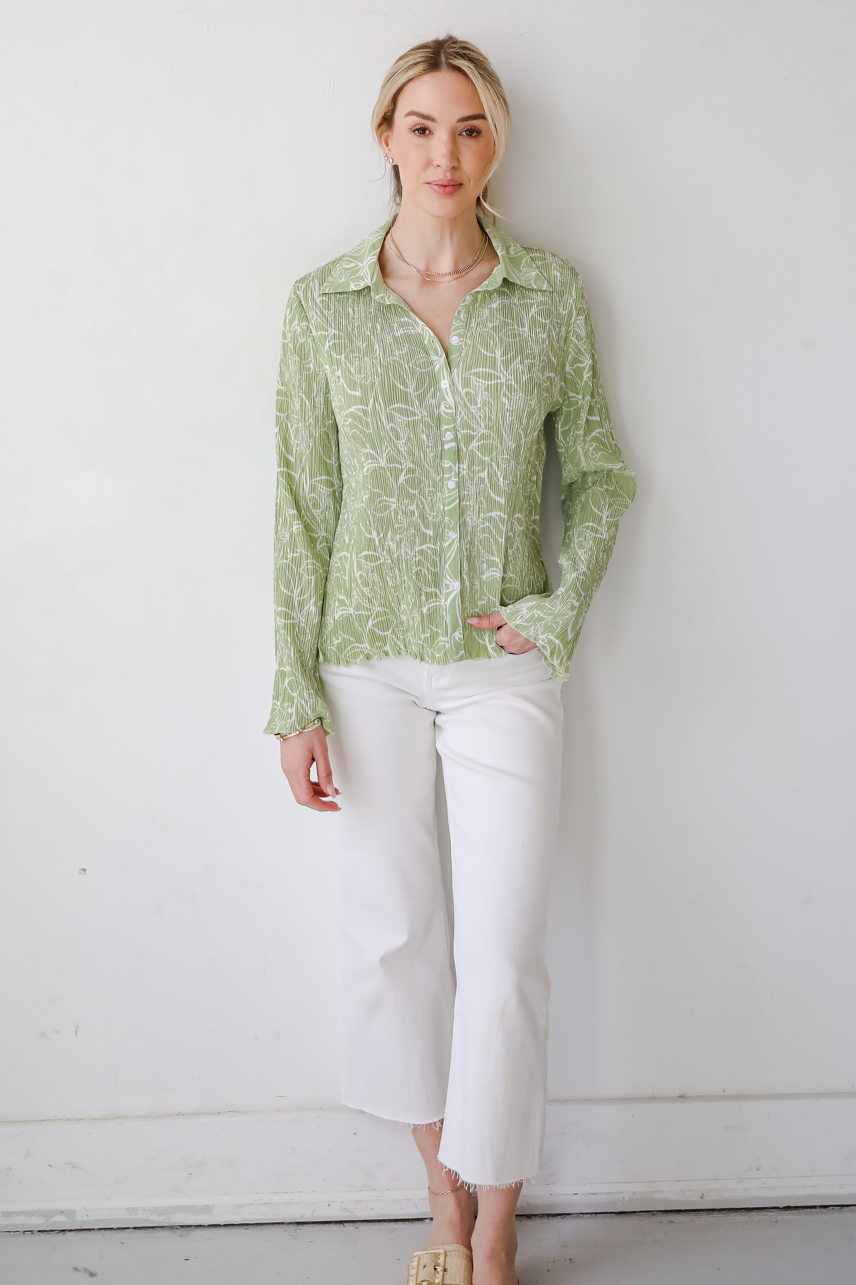 Chic Lavishness Sage Floral Plisse Button-Up Blouse