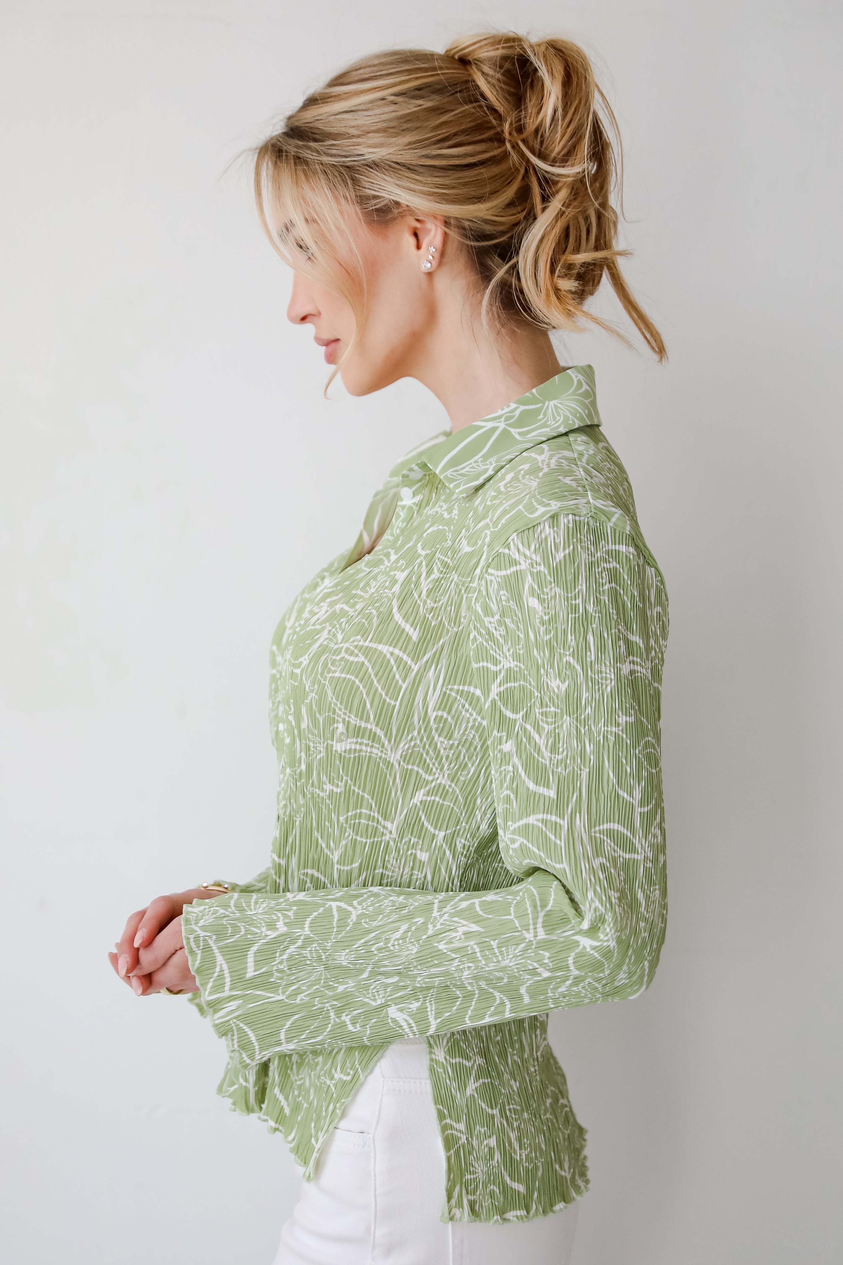Chic Lavishness Sage Floral Plisse Button-Up Blouse