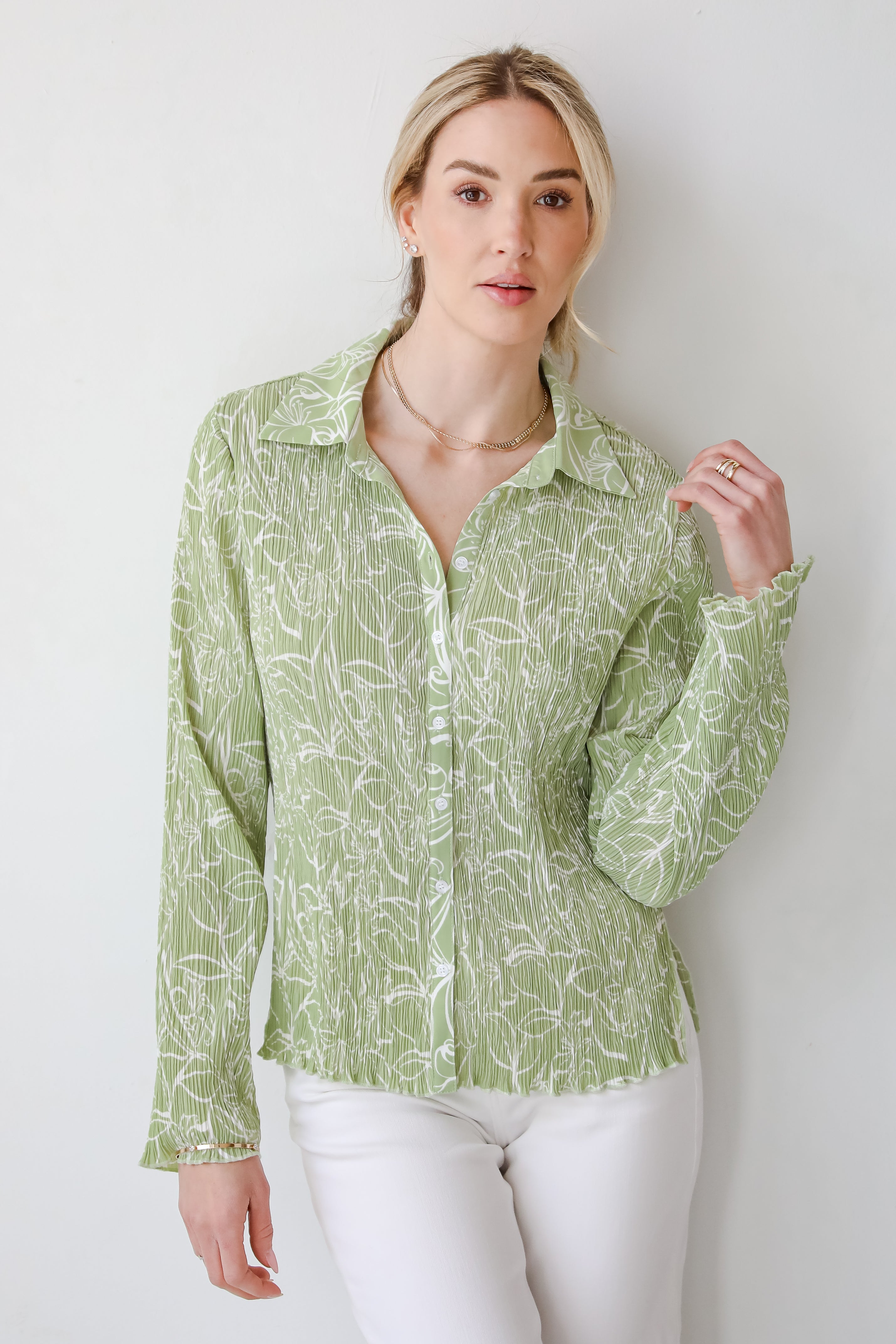 Chic Lavishness Sage Floral Plisse Button-Up Blouse