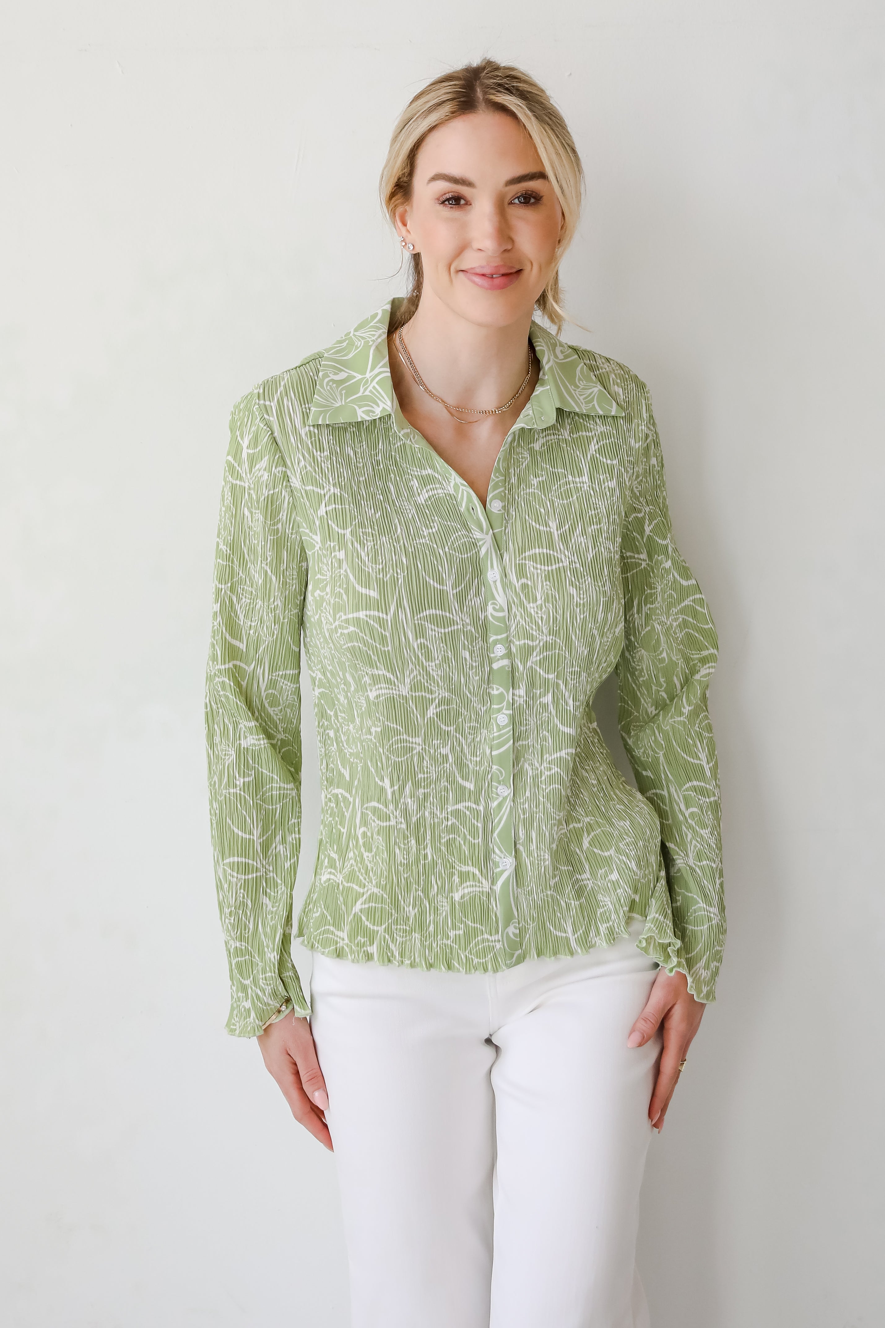 Chic Lavishness Sage Floral Plisse Button-Up Blouse