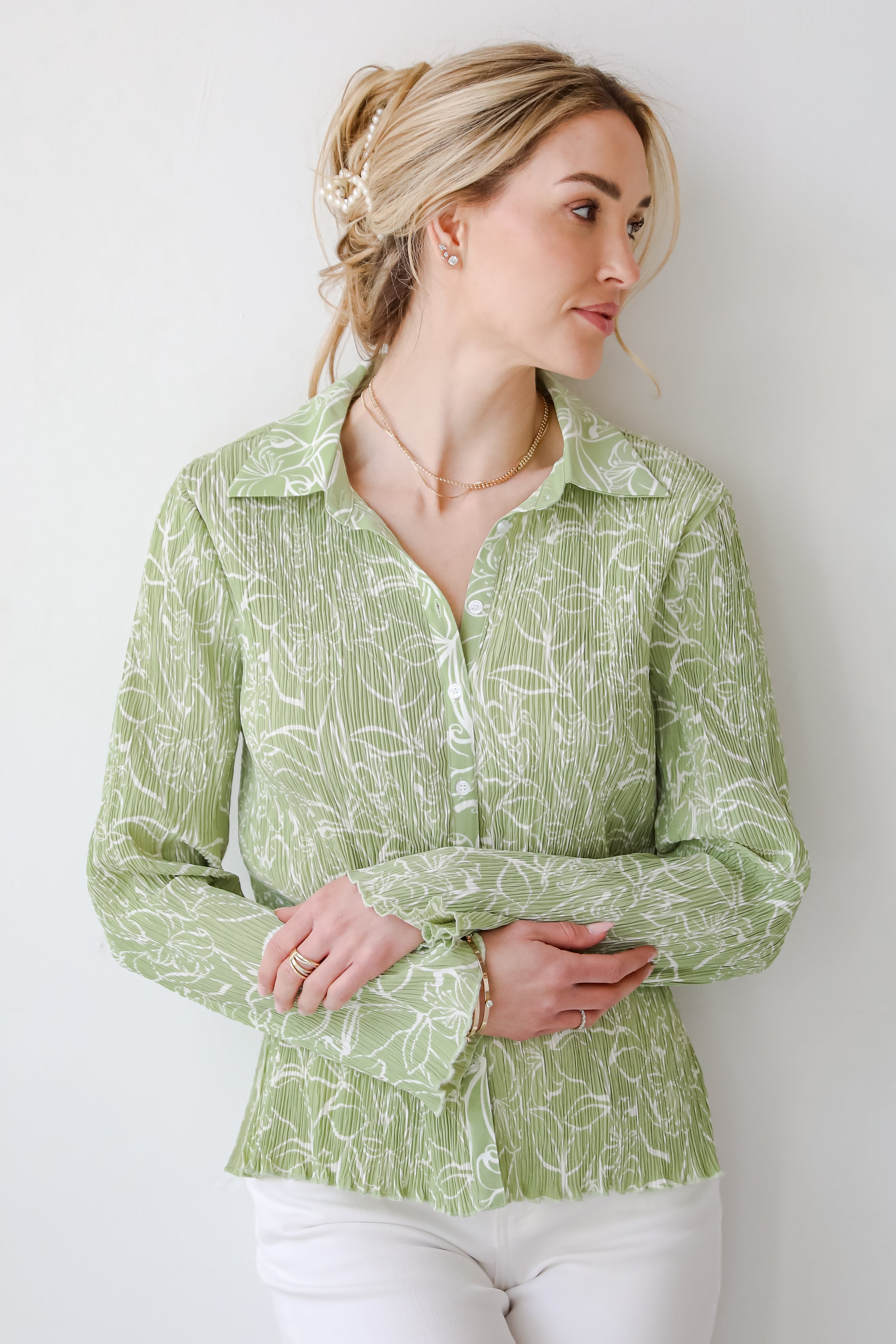 Chic Lavishness Sage Floral Plisse Button-Up Blouse