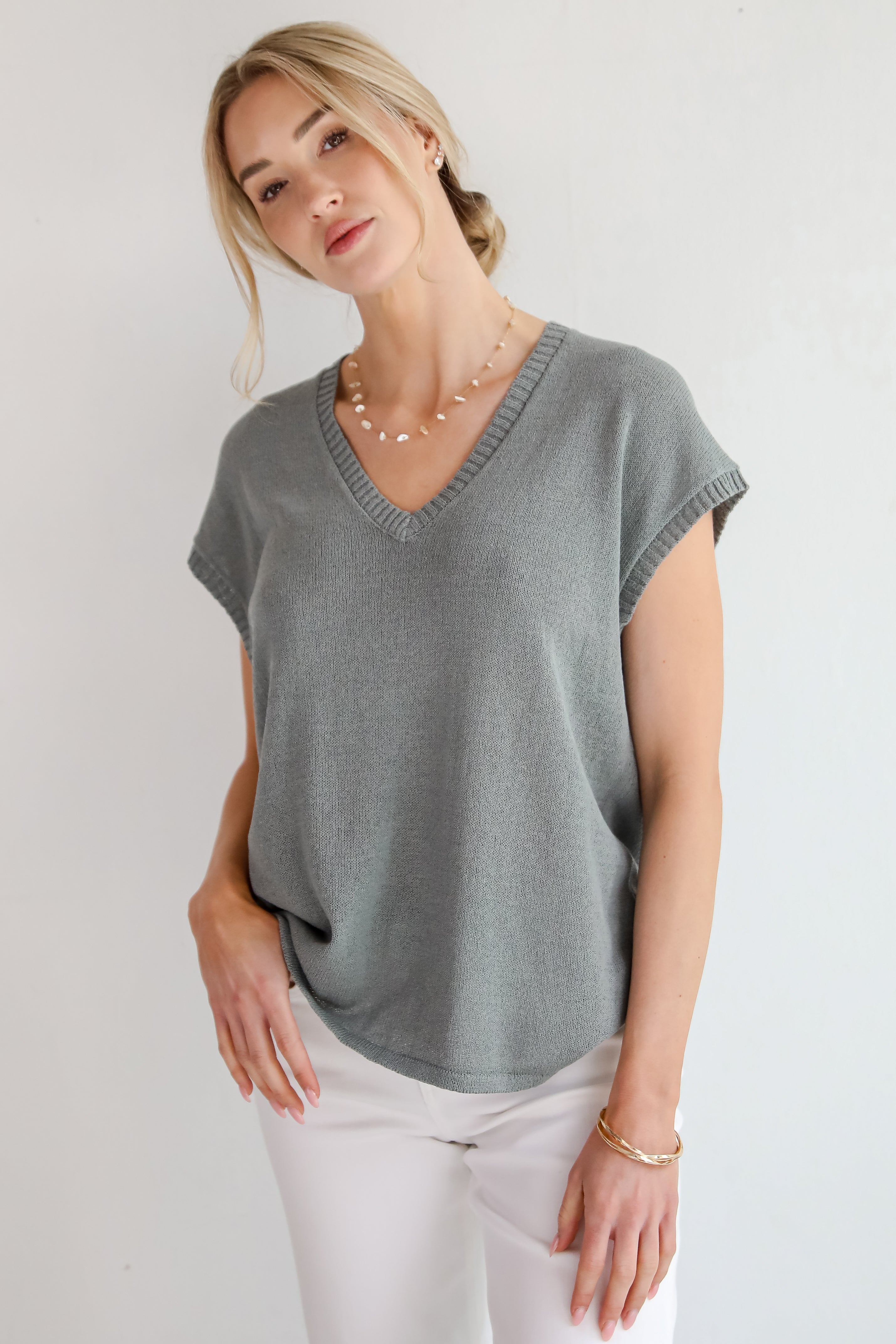 Not Too Late Slate Lightweight Knit Top