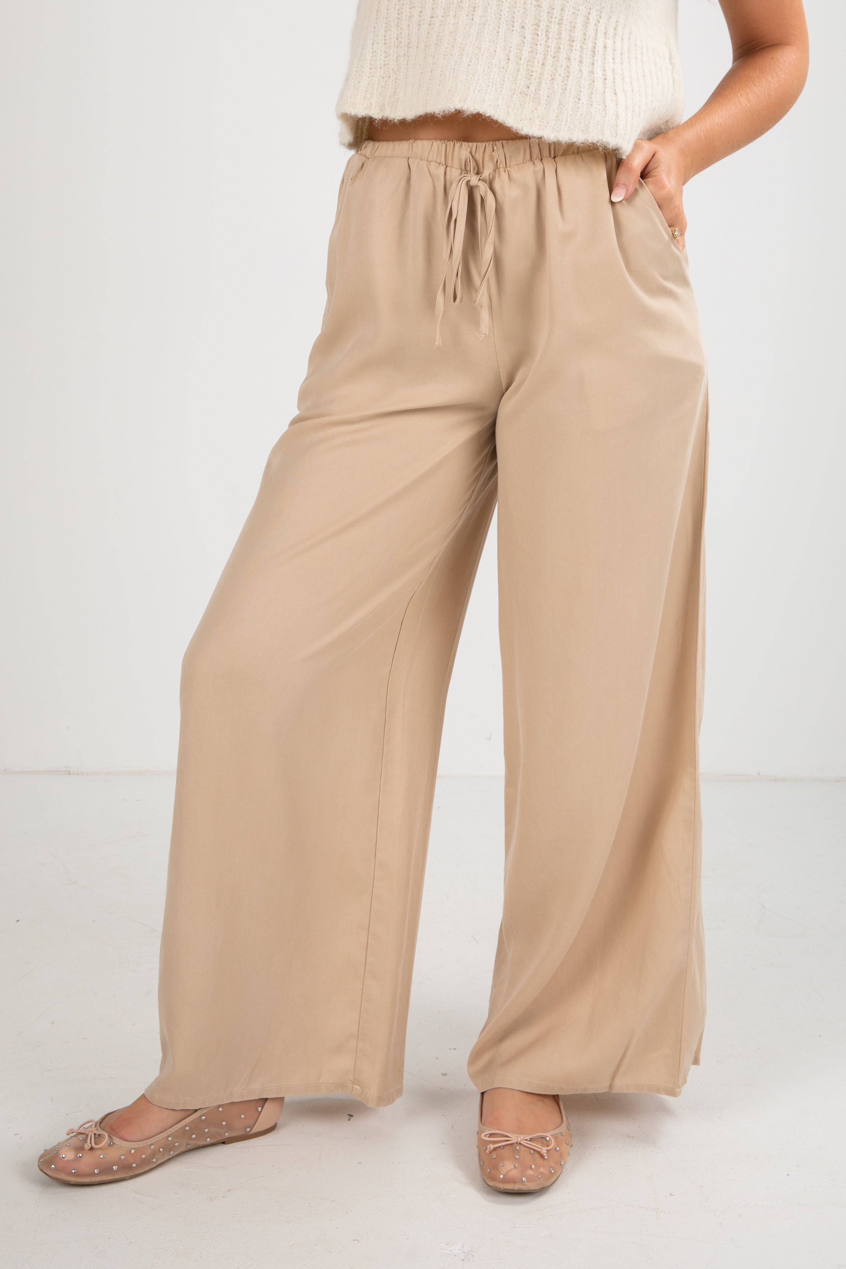 Beige wide-leg pants worn by a person on a white background
