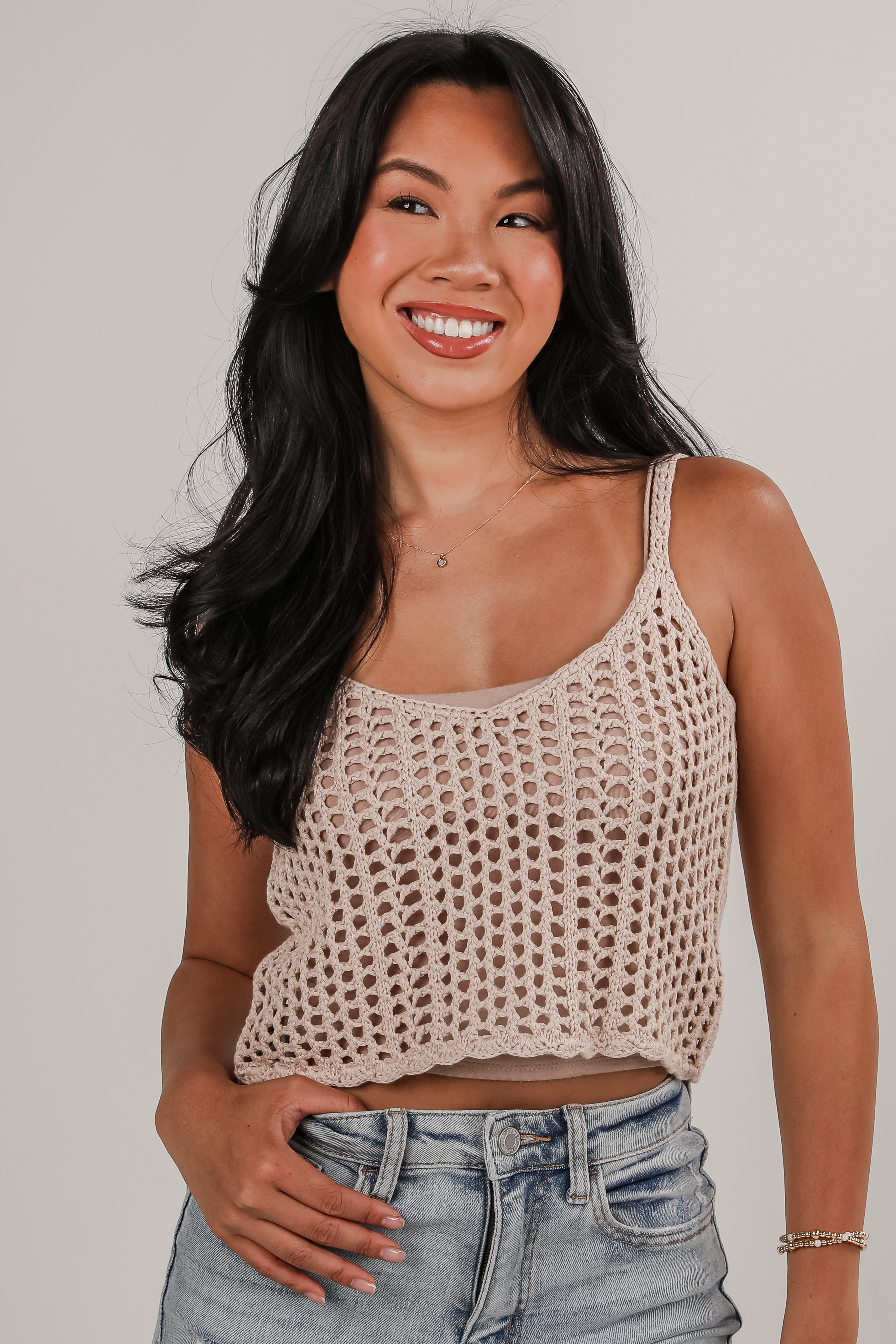 Coastal Sands Taupe Crochet Cropped Tank
