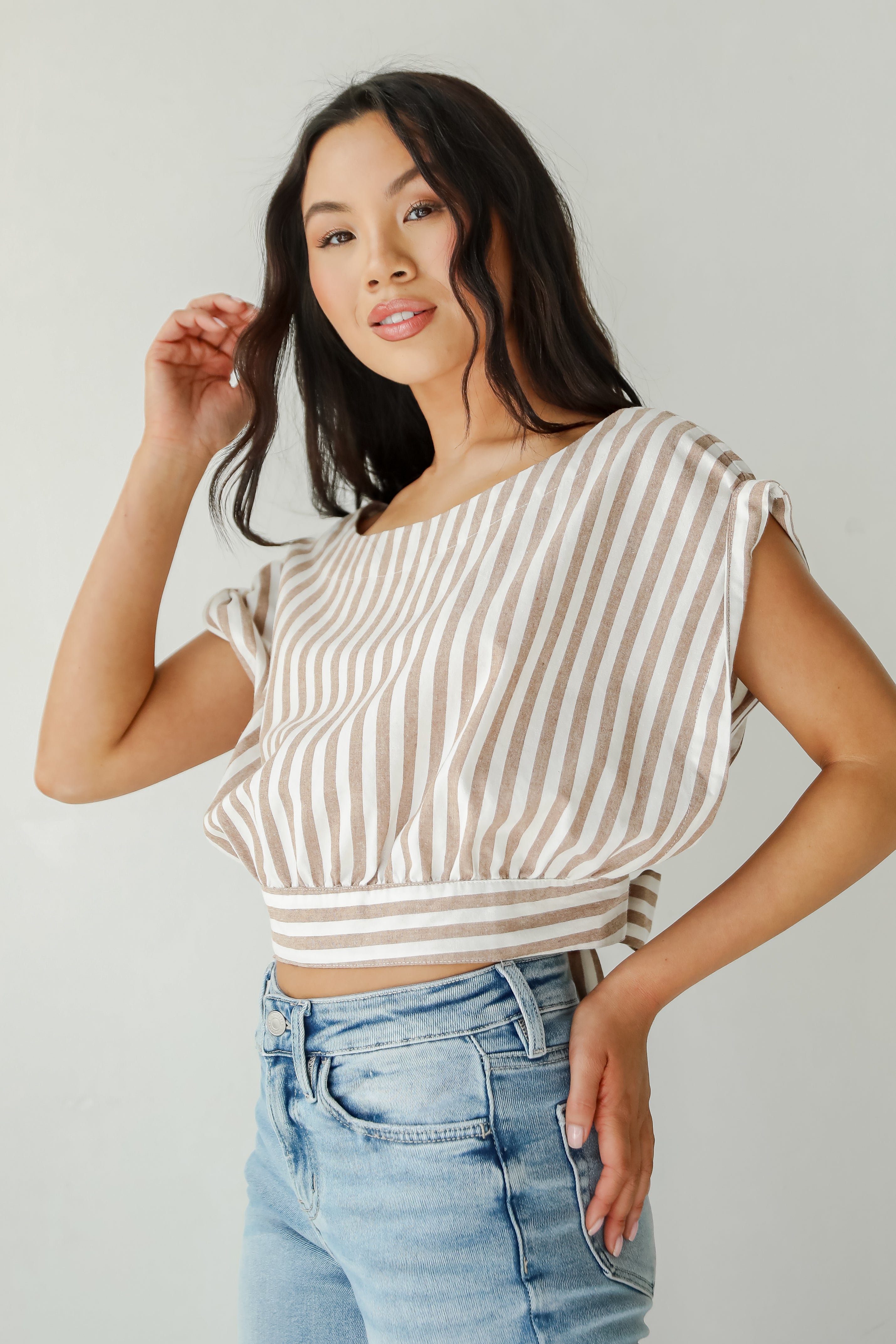 Trendy Match Taupe Striped Crop Top