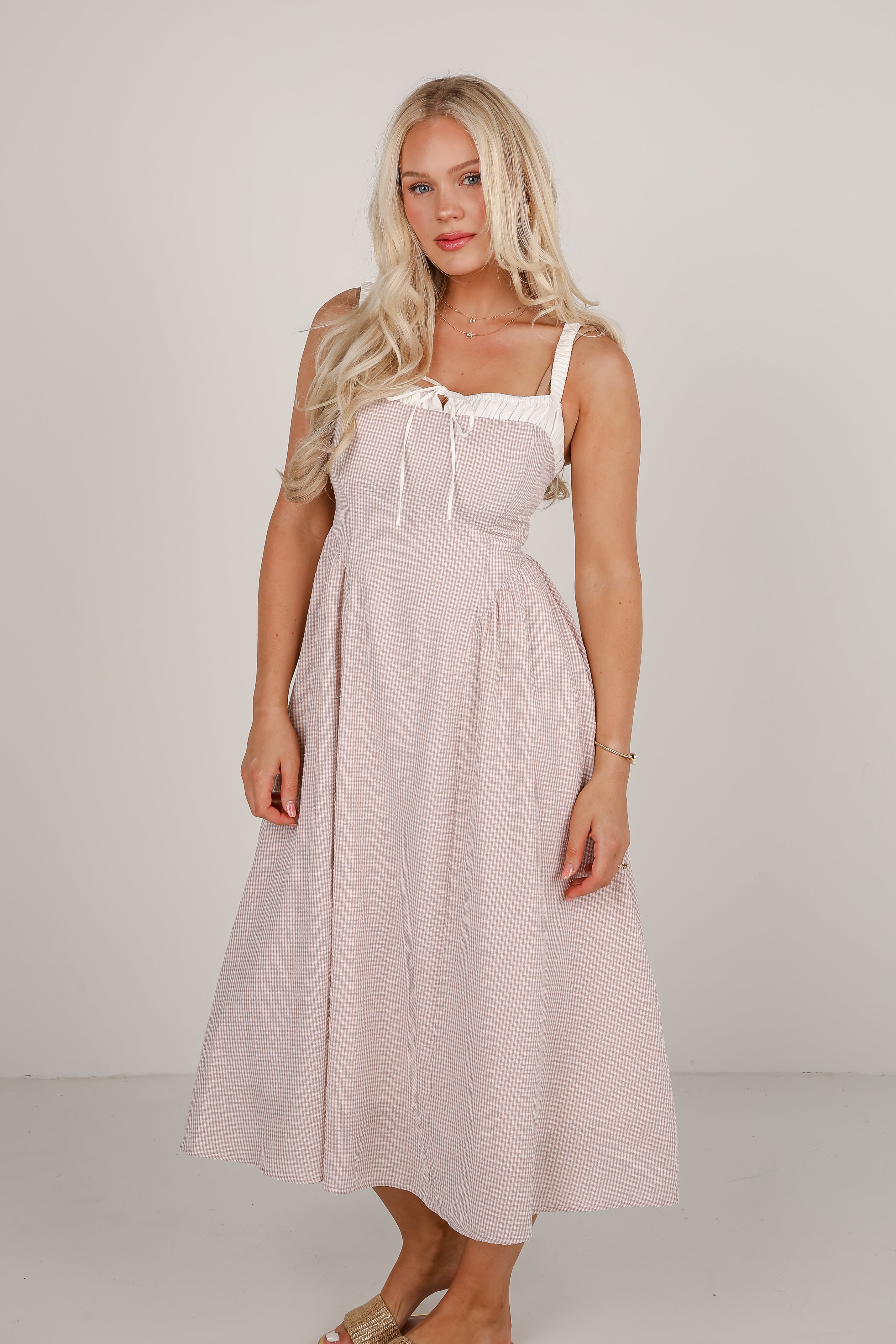 Sunny Day Classic Taupe Gingham Midi Dress