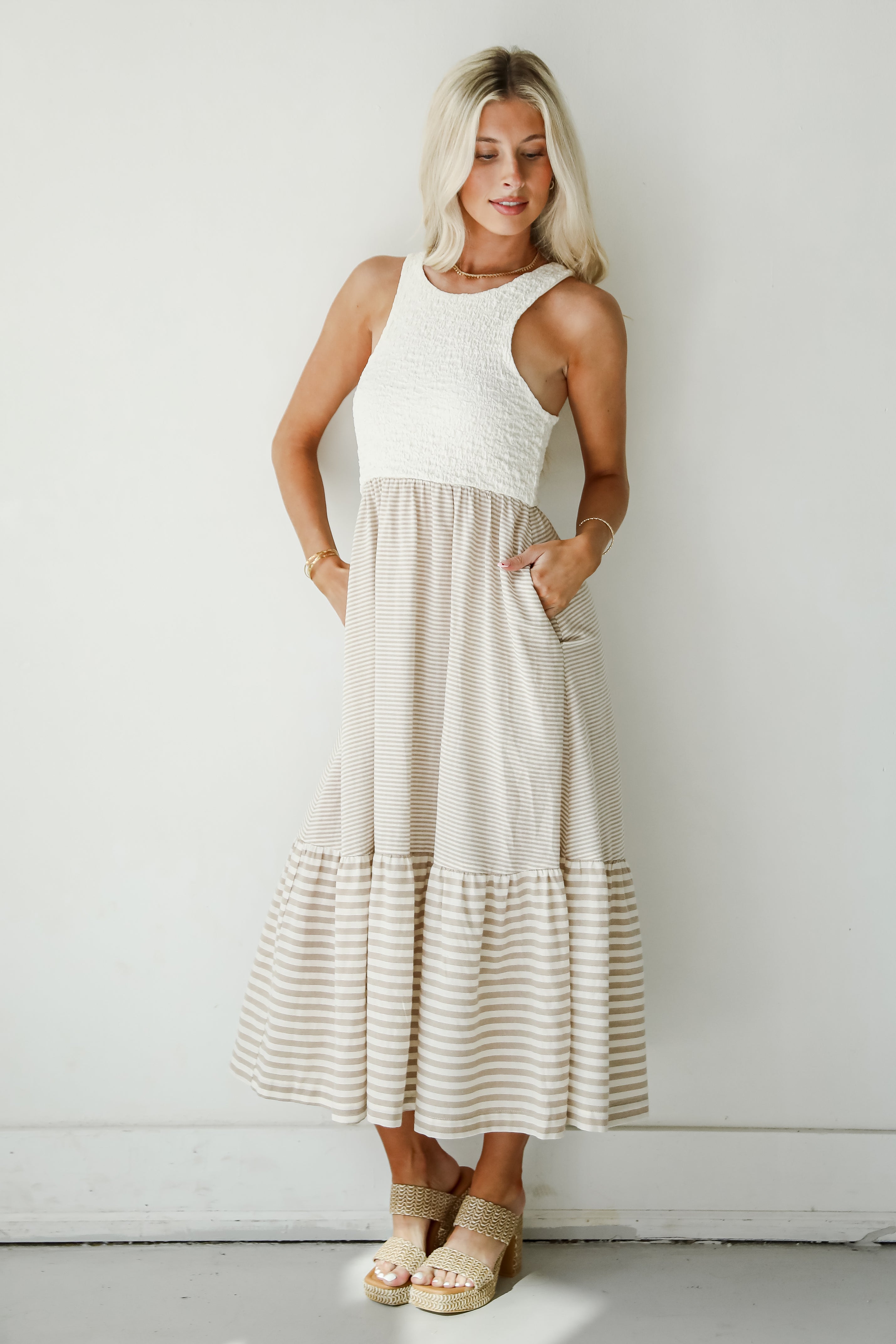 Dreamy Adoration Taupe Striped Contrast Midi Dress