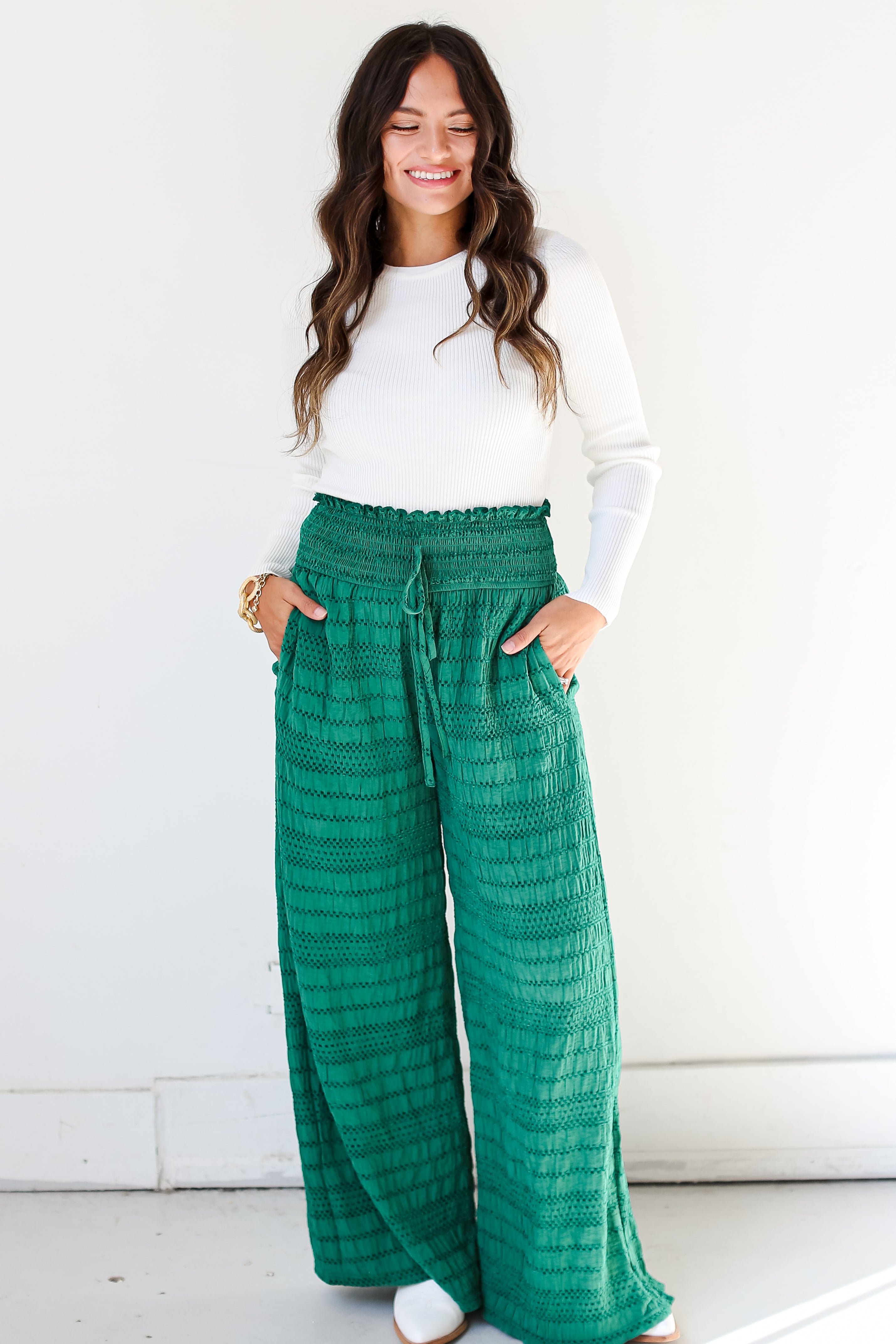 green Textured Wide Leg Pants front view