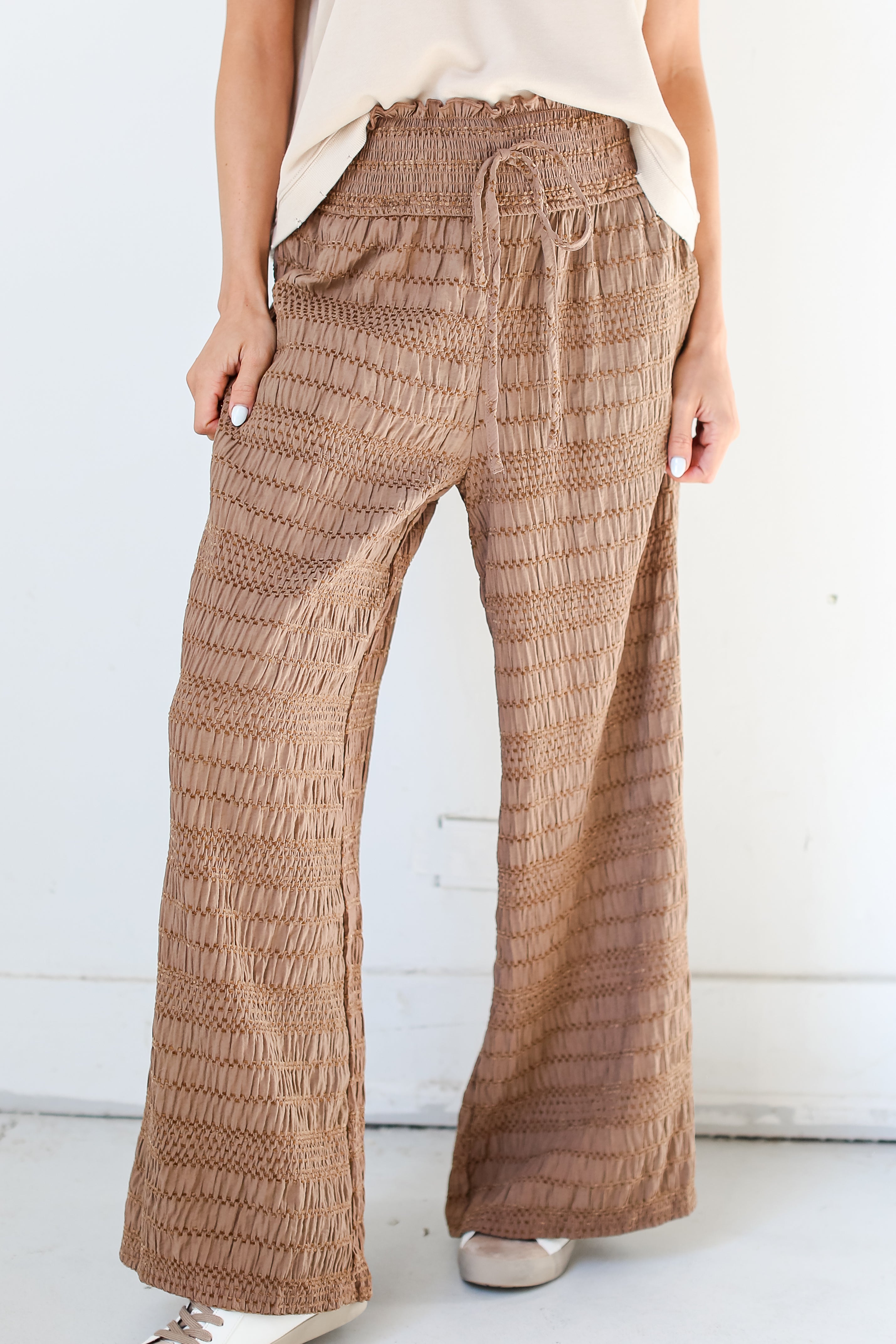 brown Textured Wide Leg Pants close up