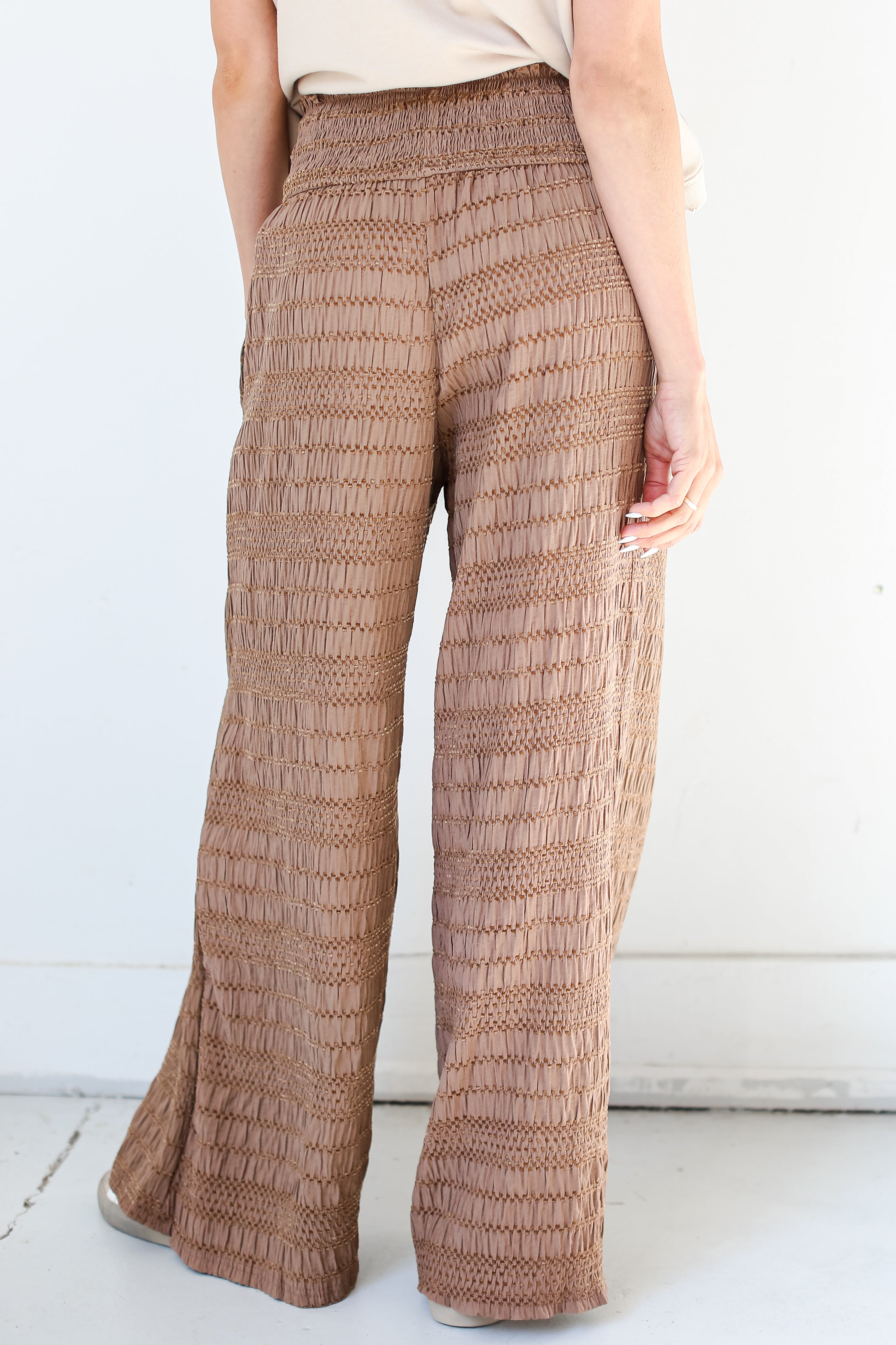 brown Textured Wide Leg Pants back view