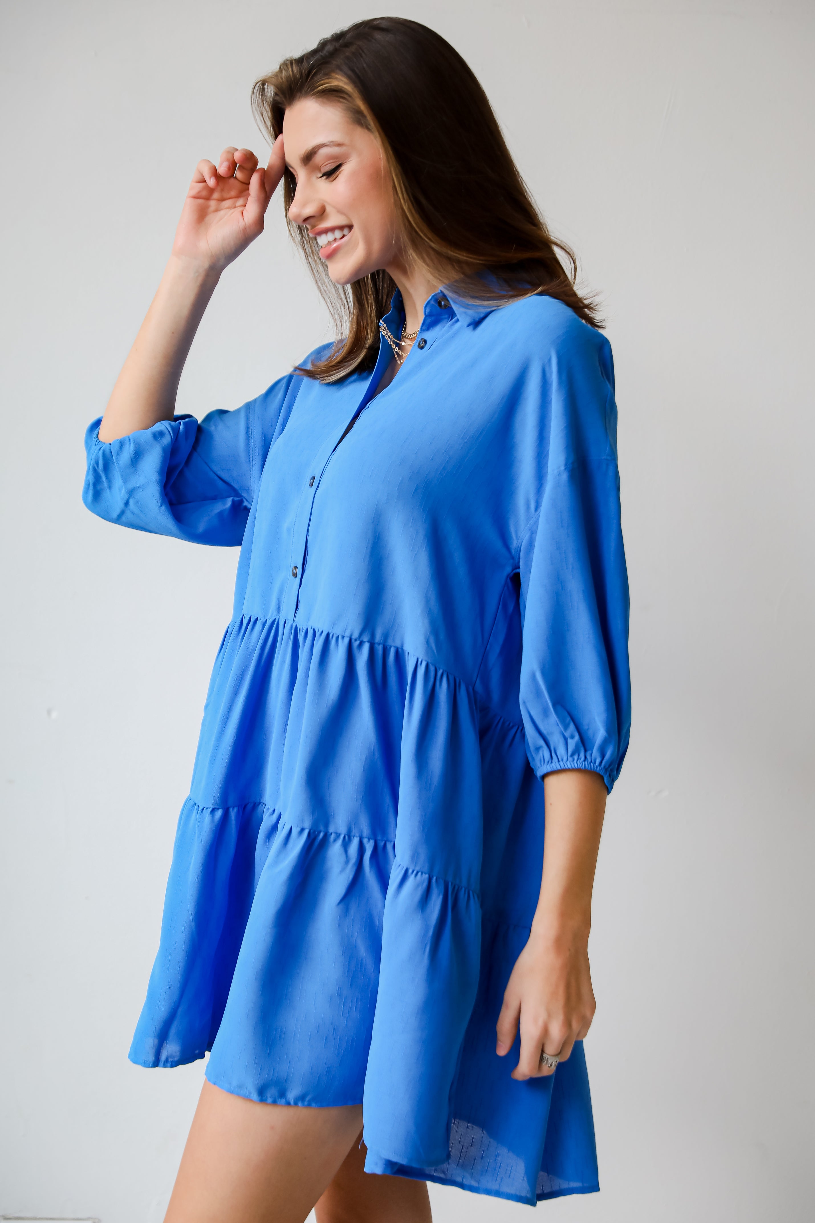 blue Tiered Mini Dress side view Adorably Admired Tiered Mini Babydoll Dress