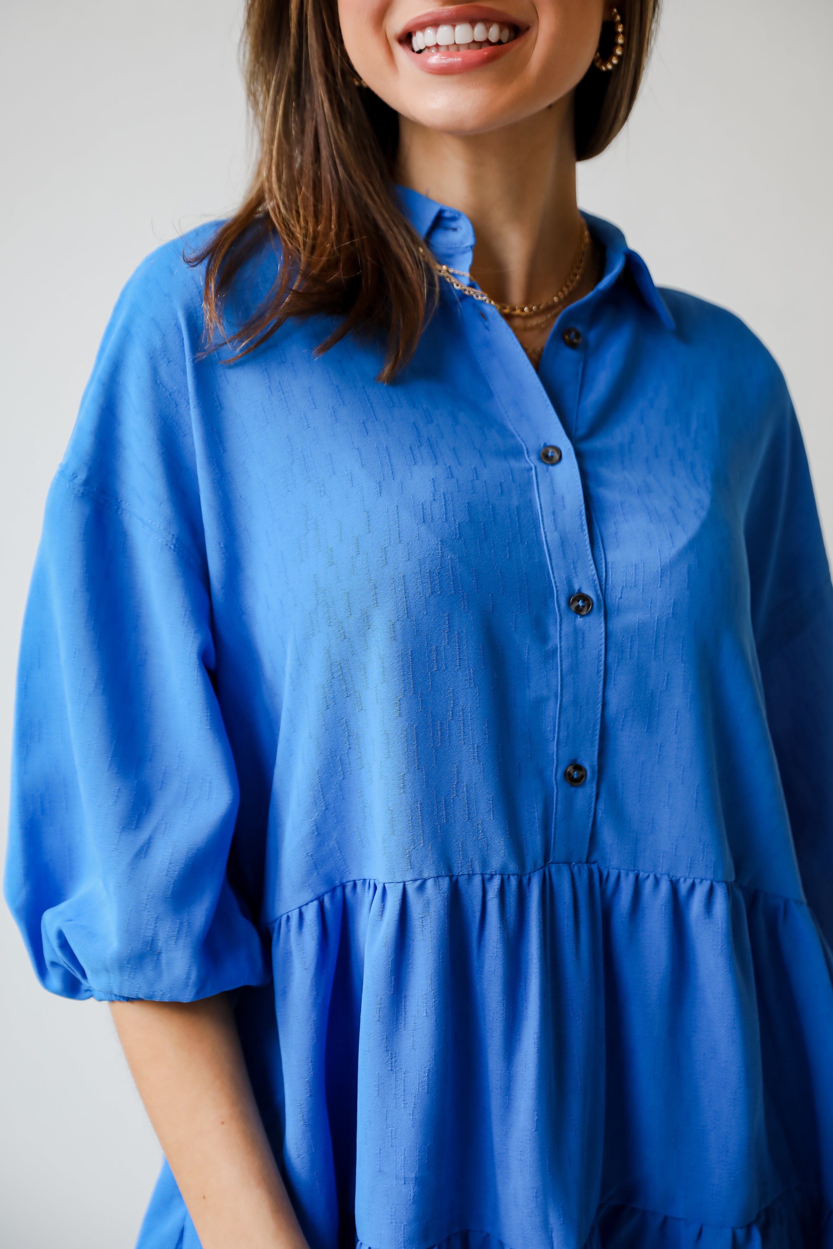 blue Tiered Mini Dress close up Adorably Admired Tiered Mini Babydoll Dress