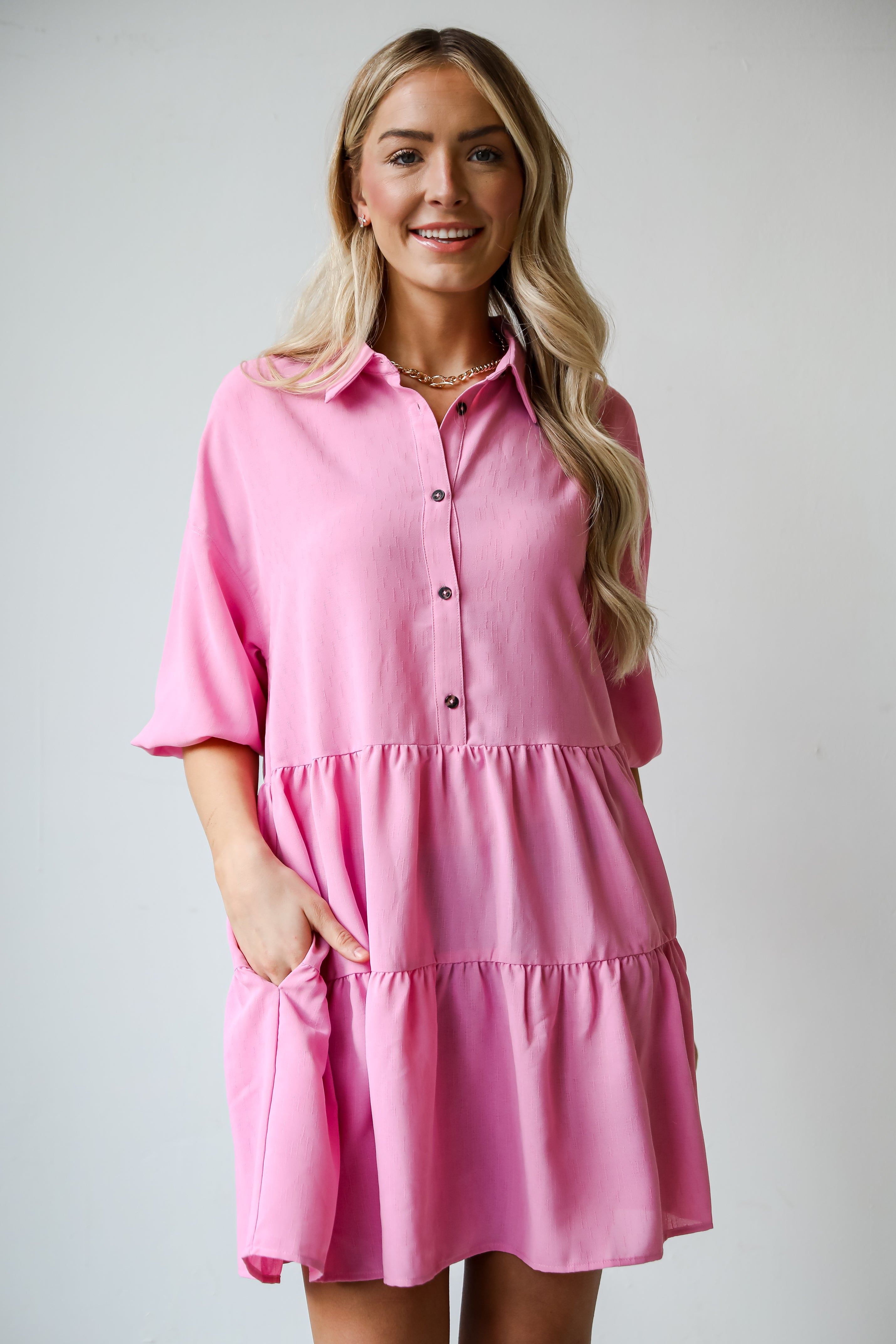 pink Tiered Mini Dress. Adorably Admired Tiered Mini Babydoll Dress