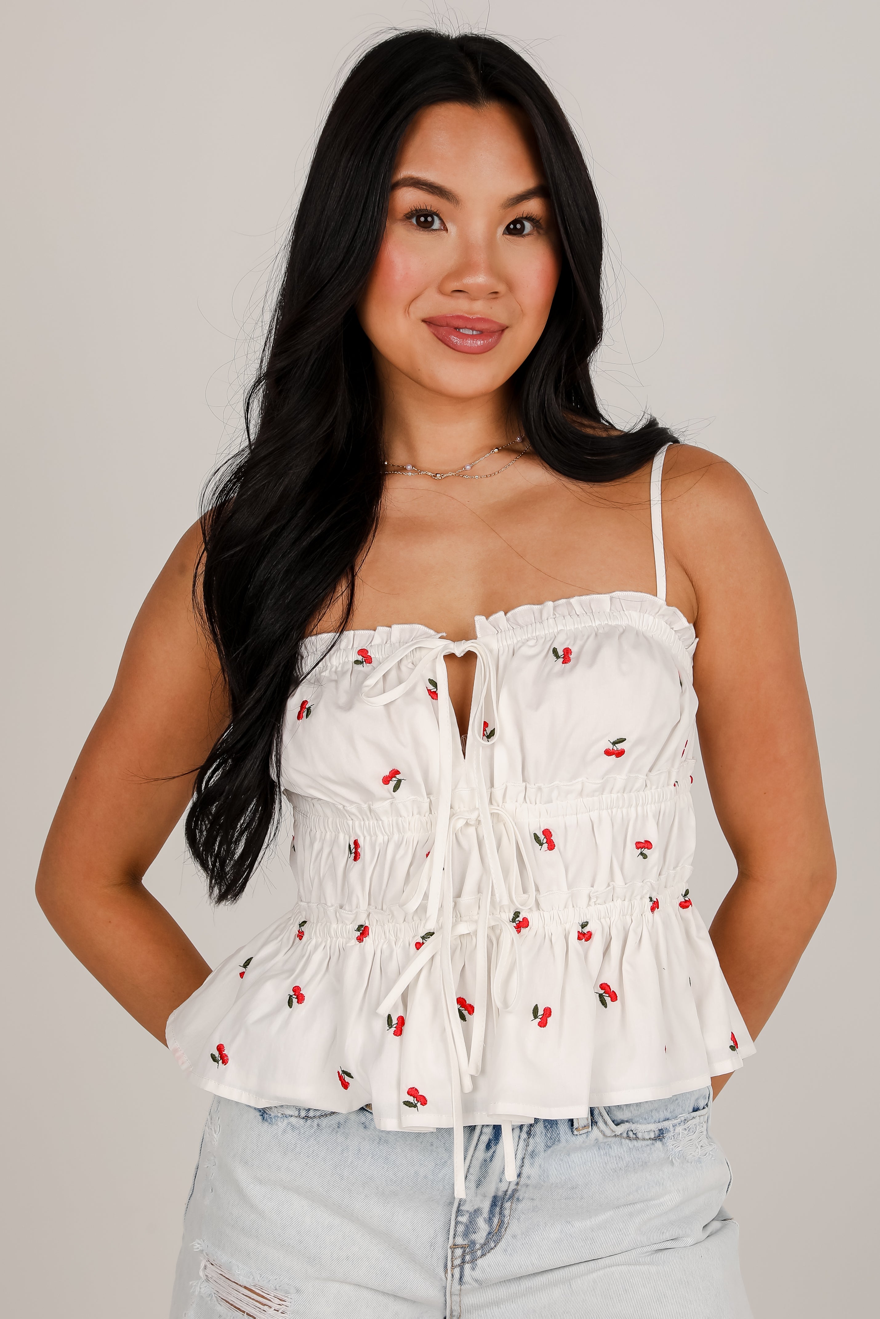 Cherry Sweet White Ruffle Tank