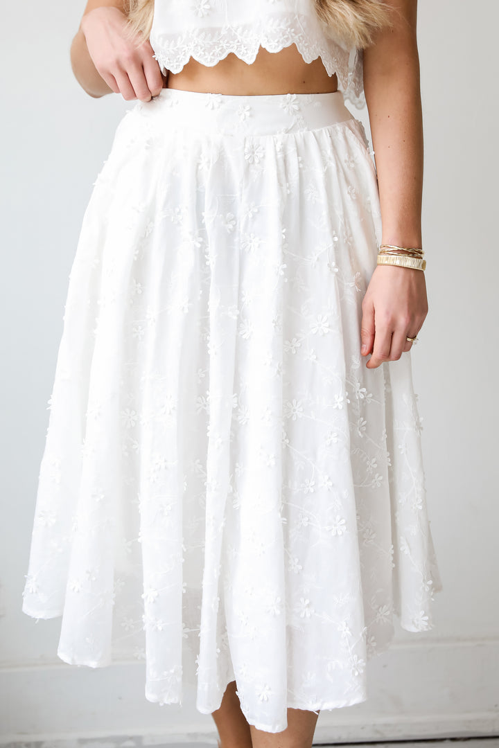 flowy White Floral Midi Skirt