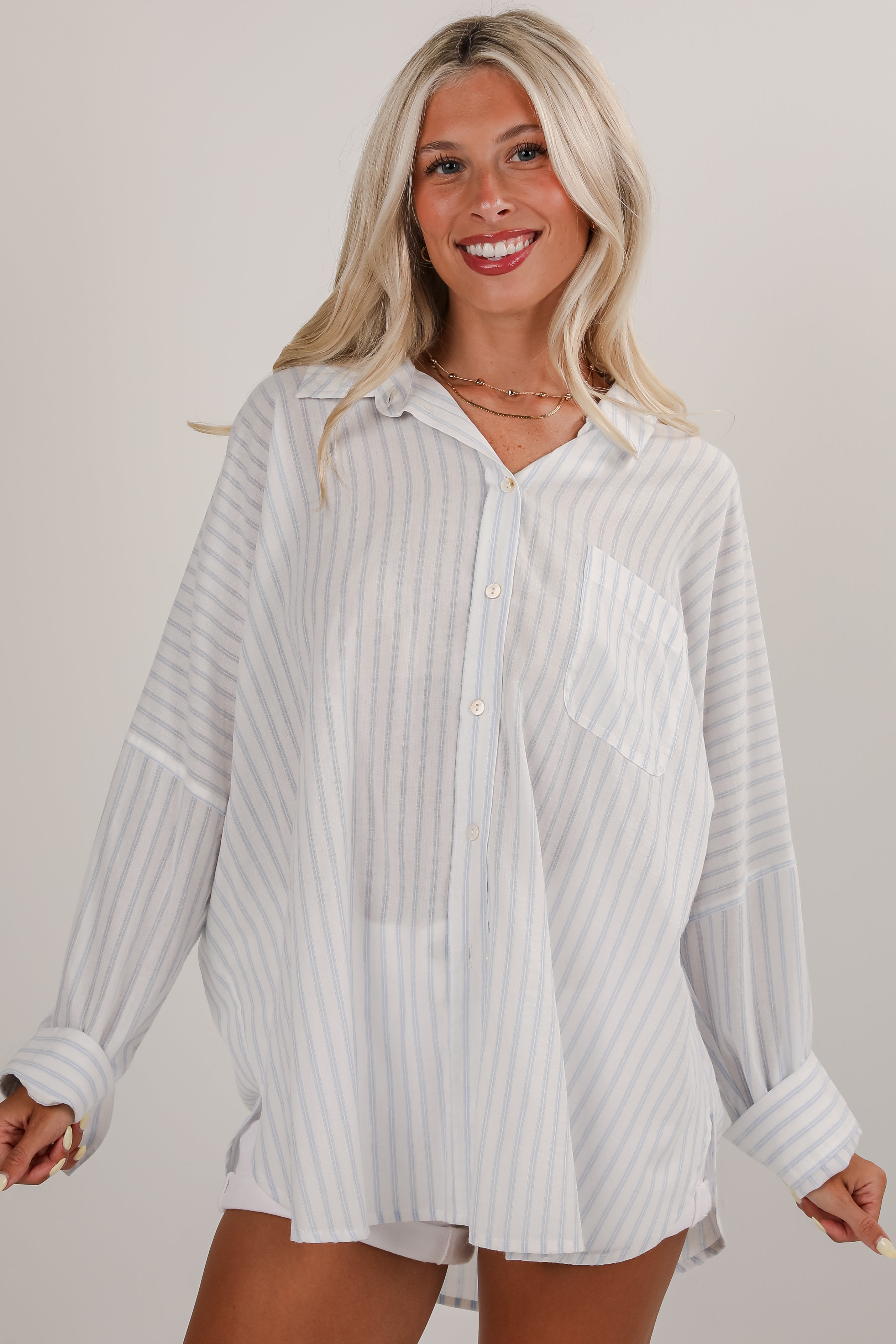 Here You Are White Striped Button-Up Blouse