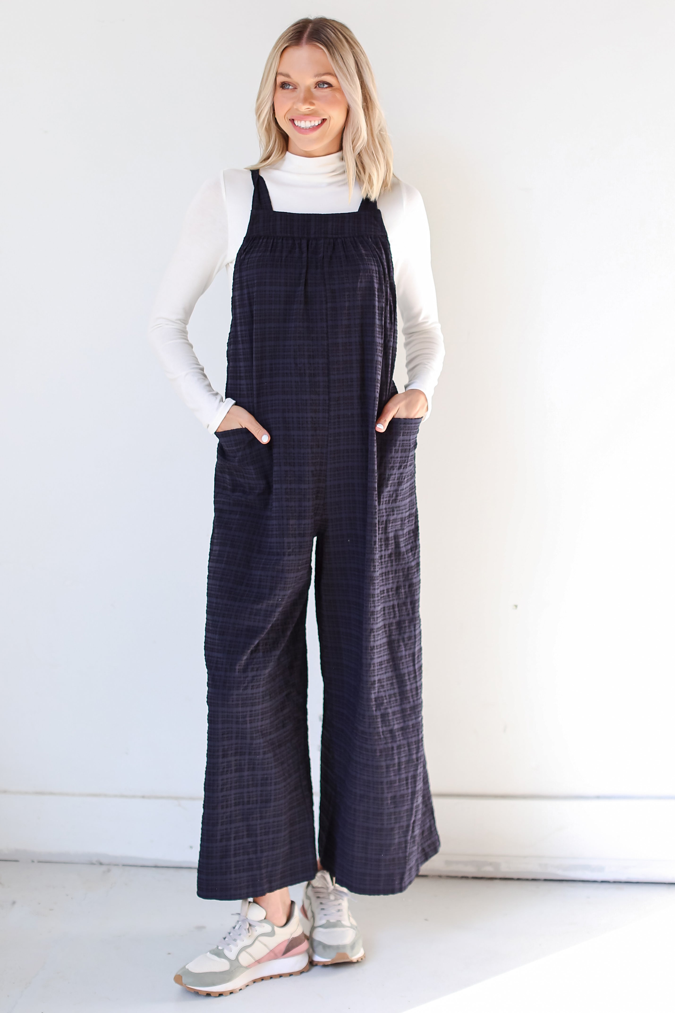 black Textured Wide Leg Jumpsuit on dress up model