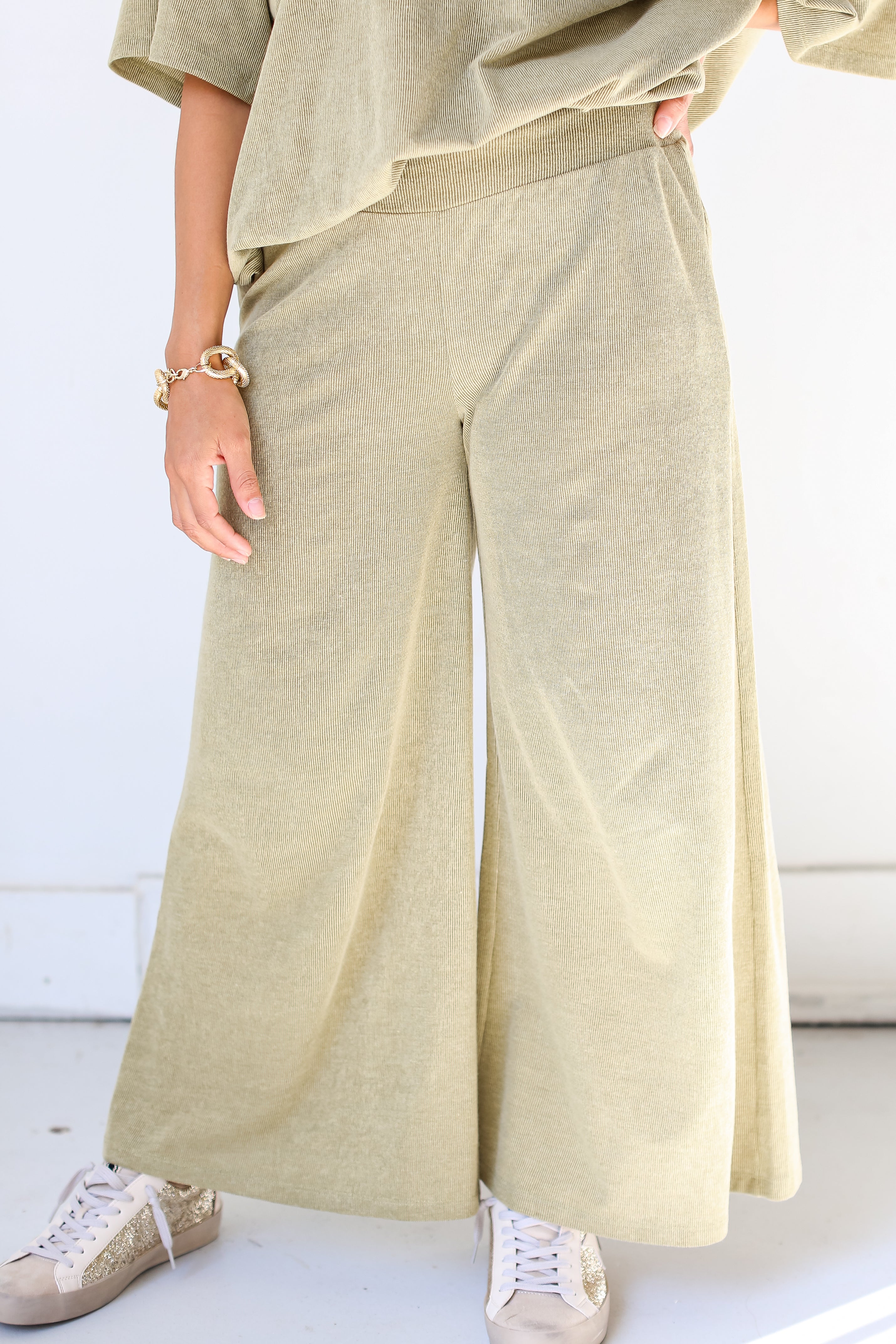 green Wide Leg Pants close up