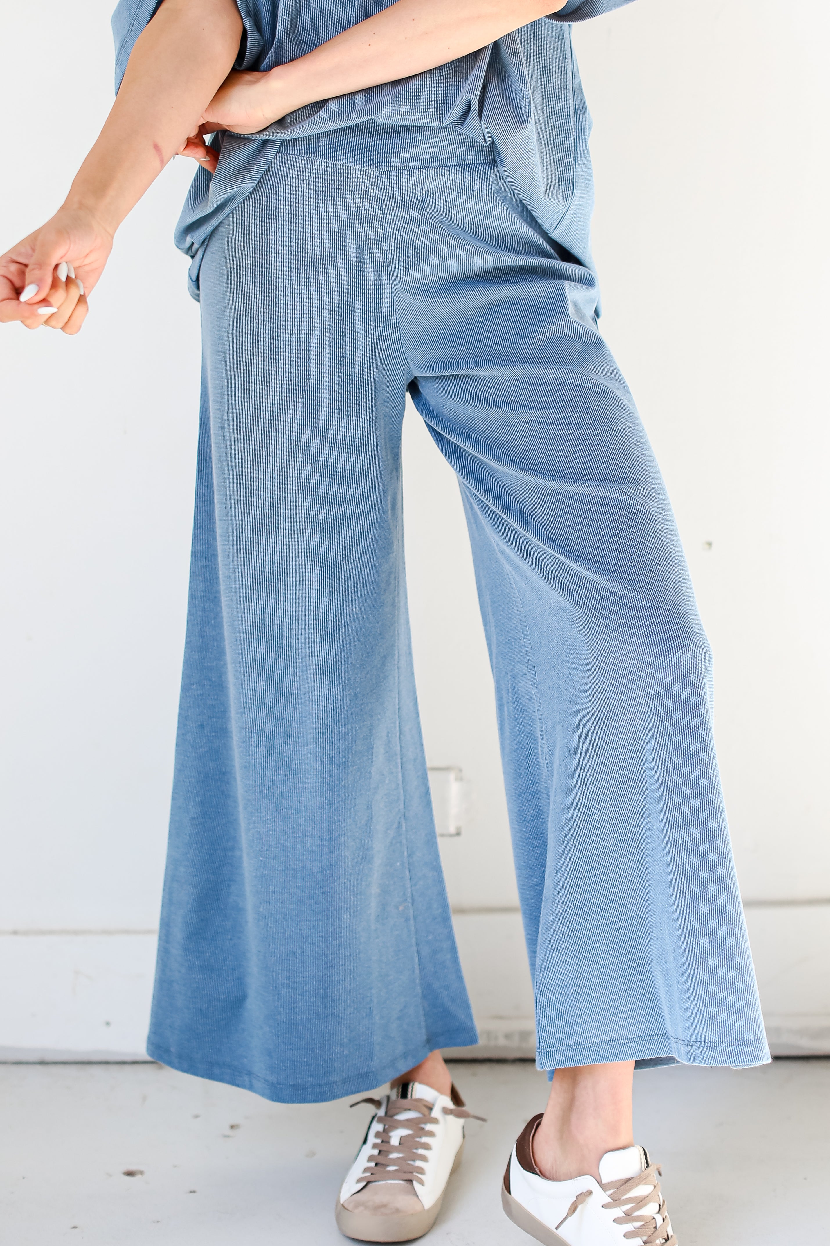 blue Wide Leg Pants on model