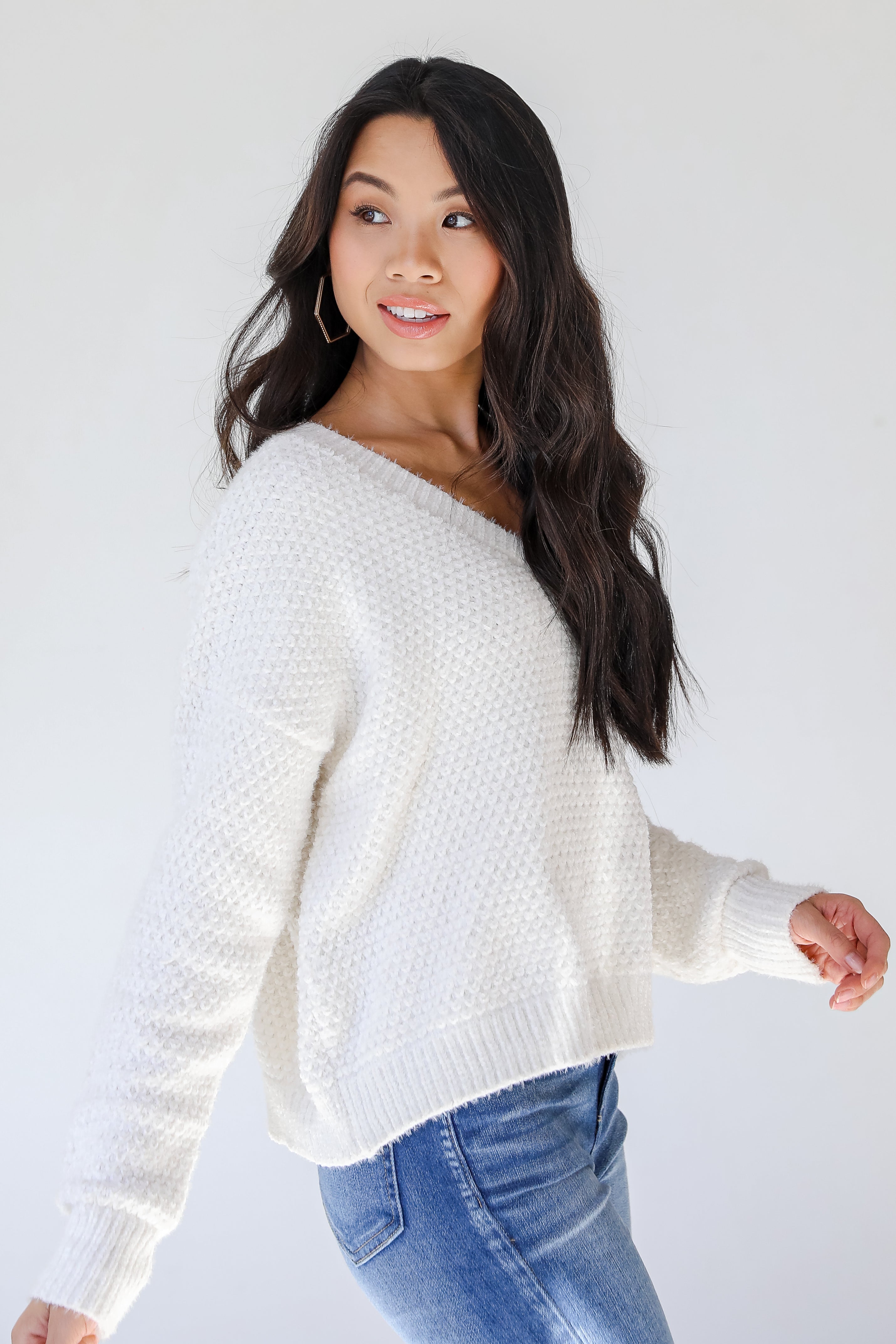 Eyelash Knit Sweater in white side view