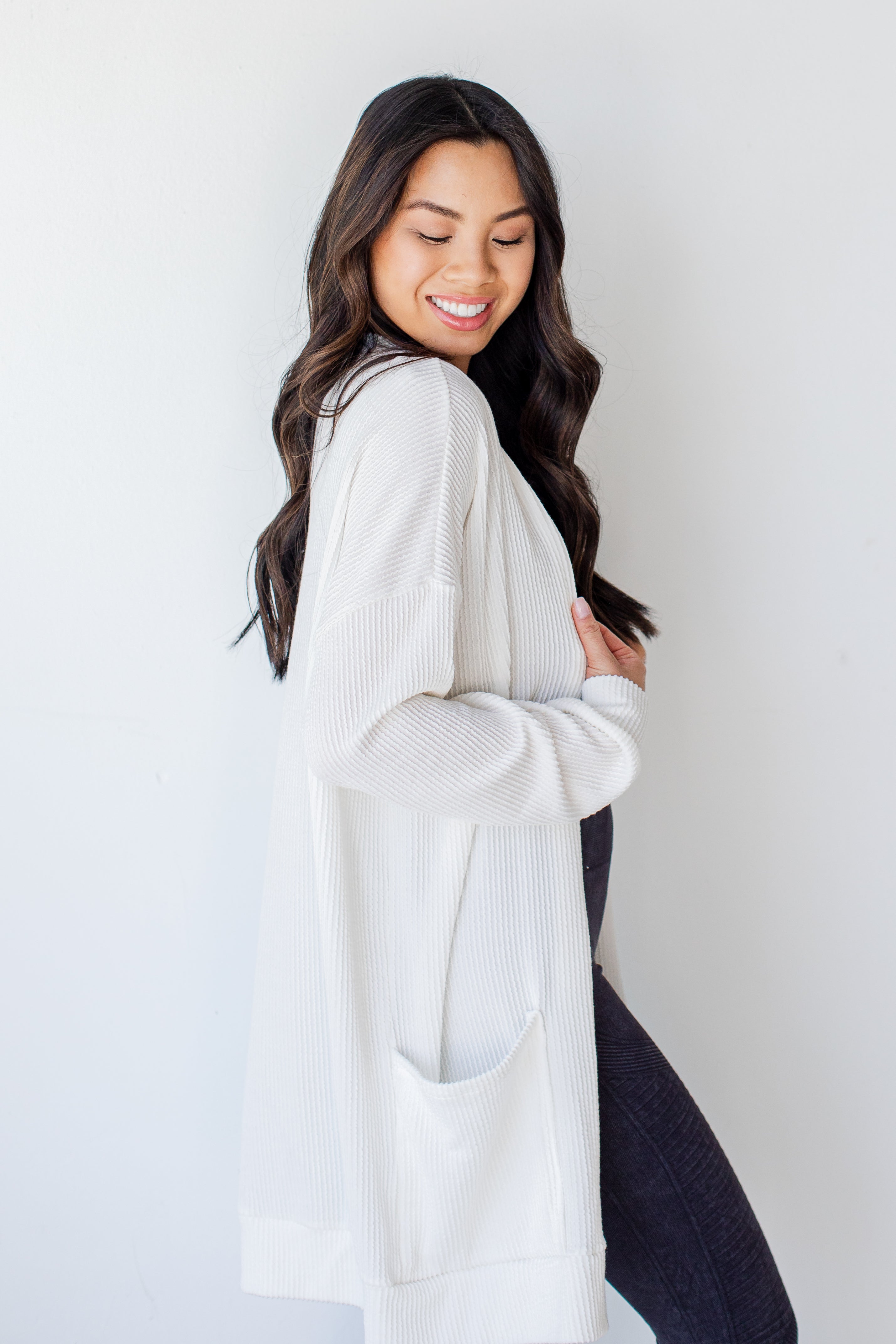 Corded Cardigan in ivory side view