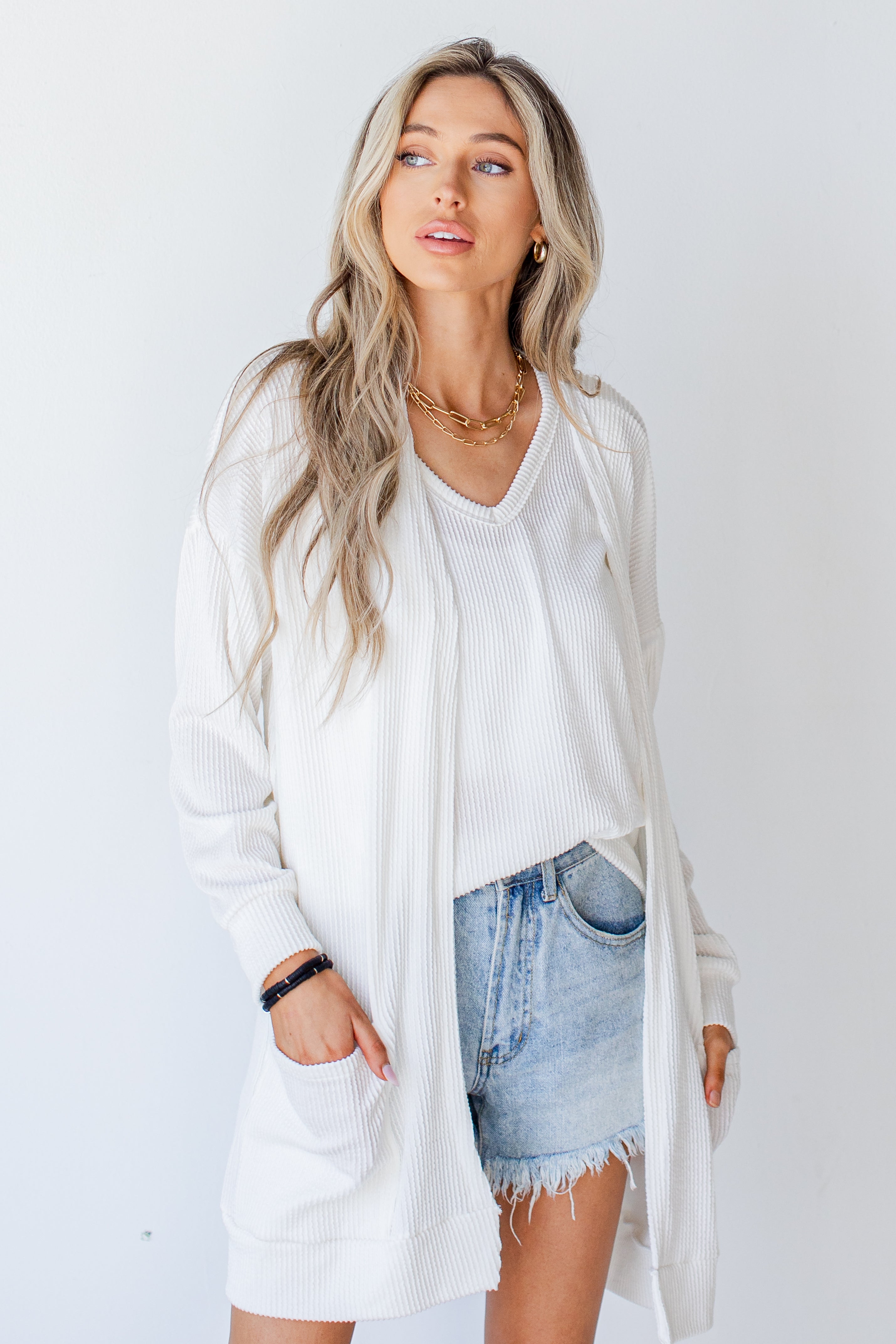 Corded Cardigan in ivory front view