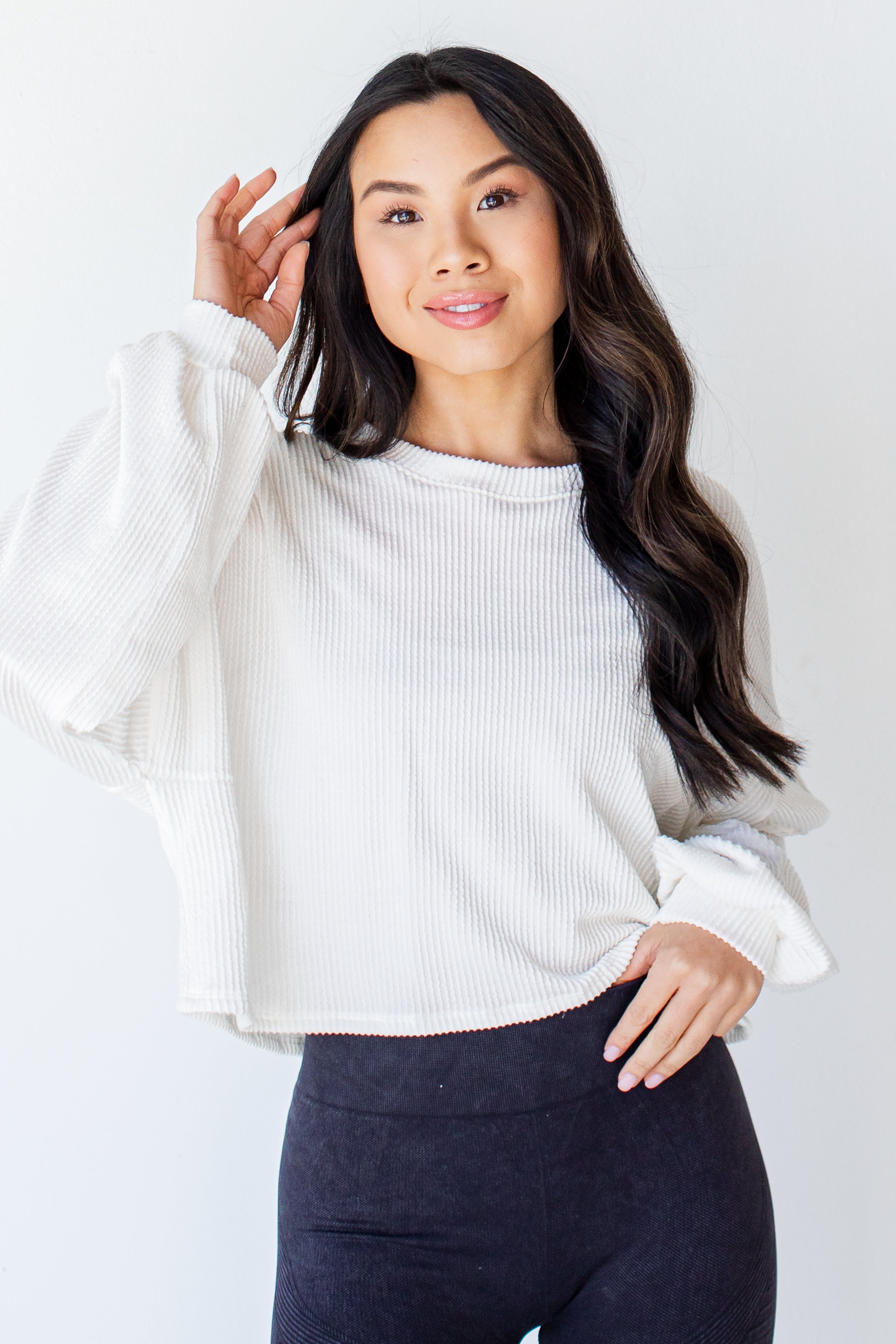 Cropped Corded Pullover in white front view