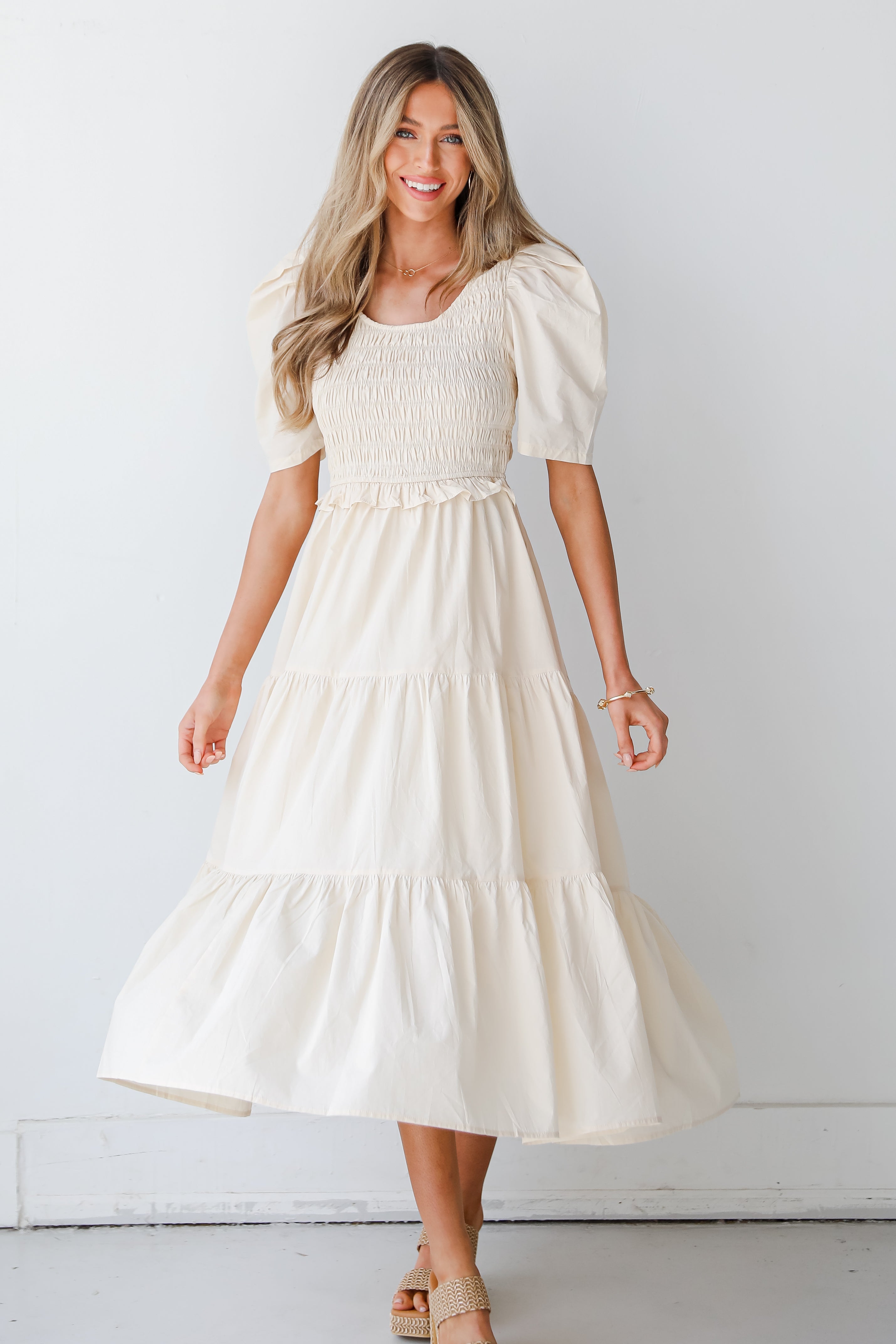 cream Tiered Midi Dress on model