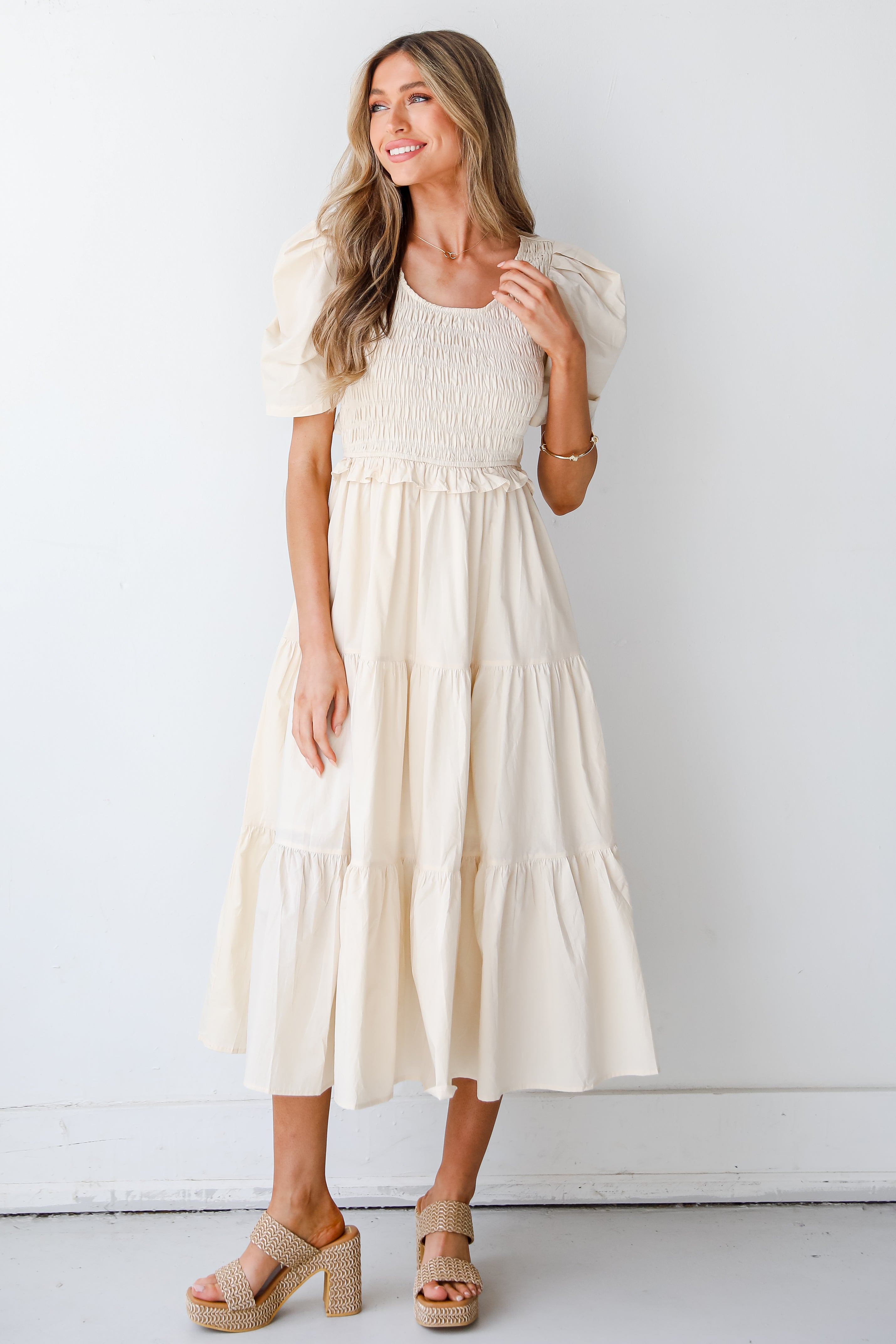 cream Tiered Midi Dress front view
