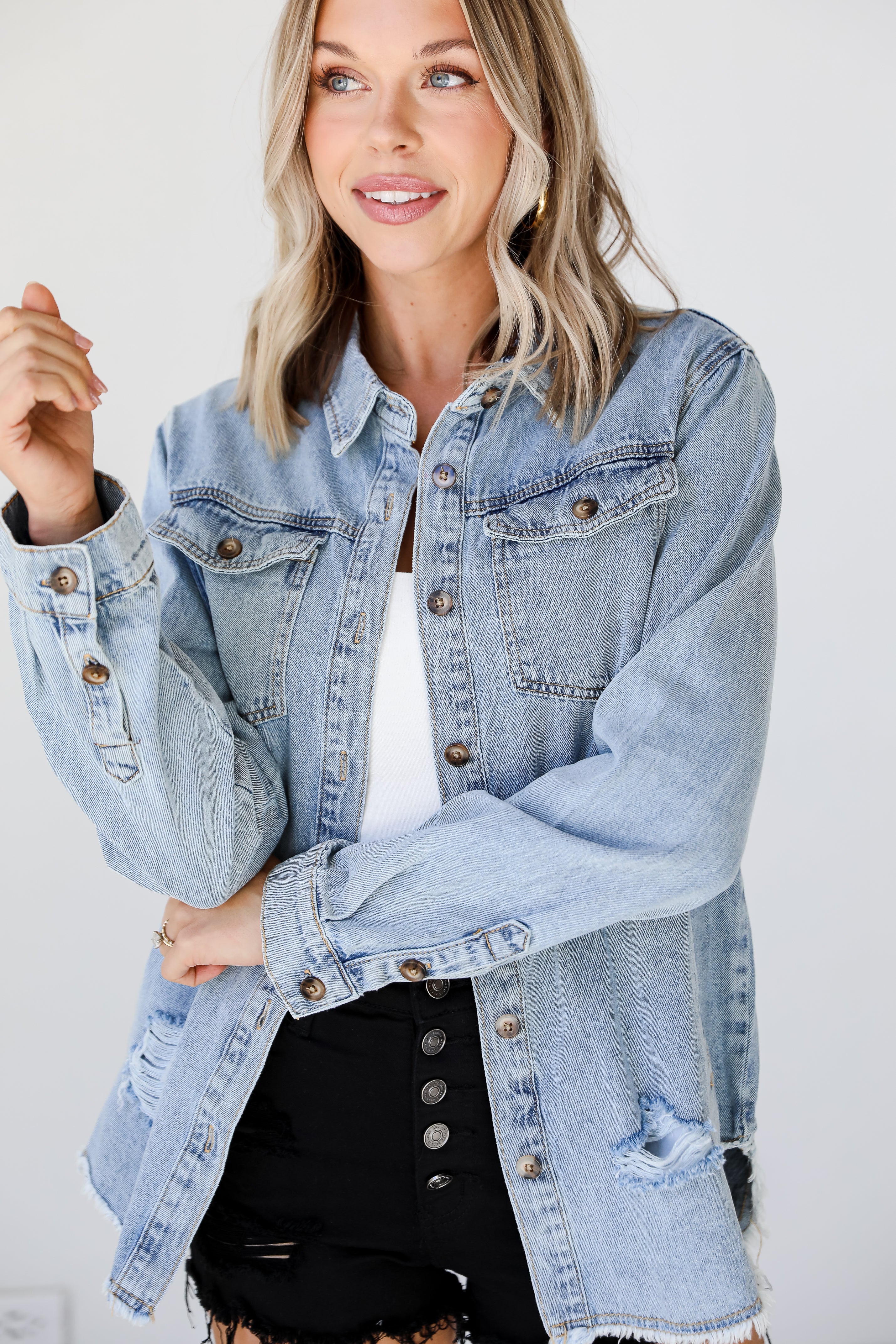 Distressed Denim Jacket on model