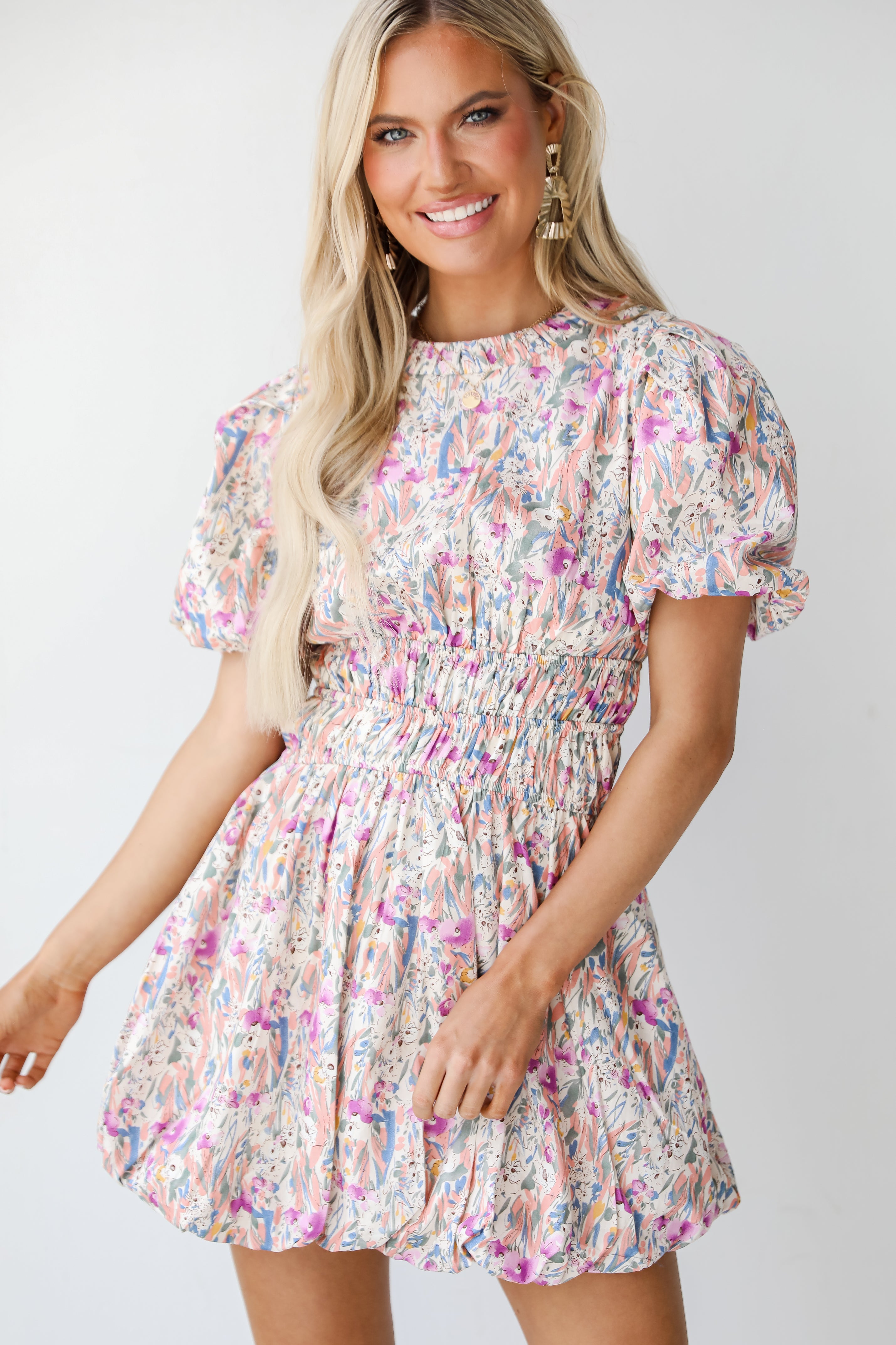 Floral Bubble Mini Dress on model